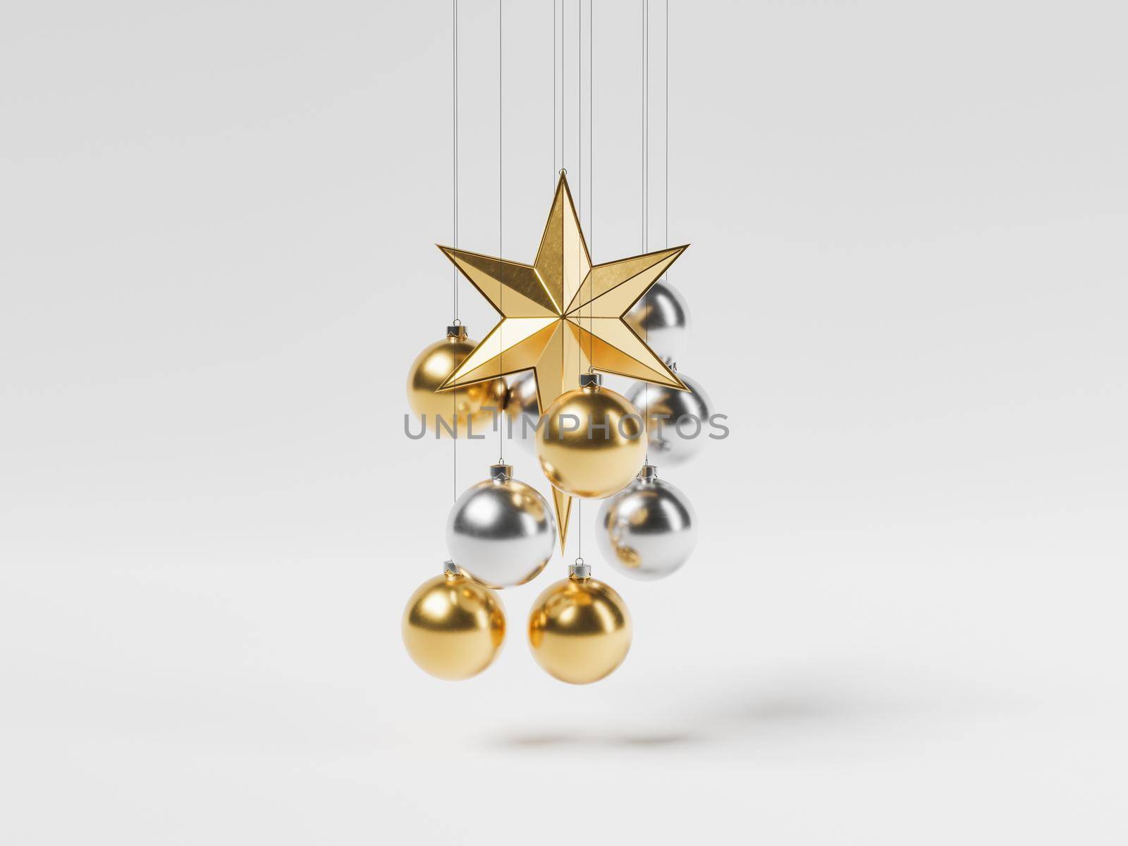 Gold and silver Christmas balls hanging with a big star in the center and white background. 3d rendering