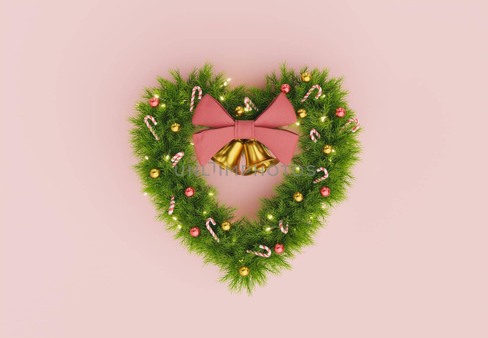 Christmas wreath in the shape of a heart decorated with candies, balls and bells with a big red bow. 3d rendering