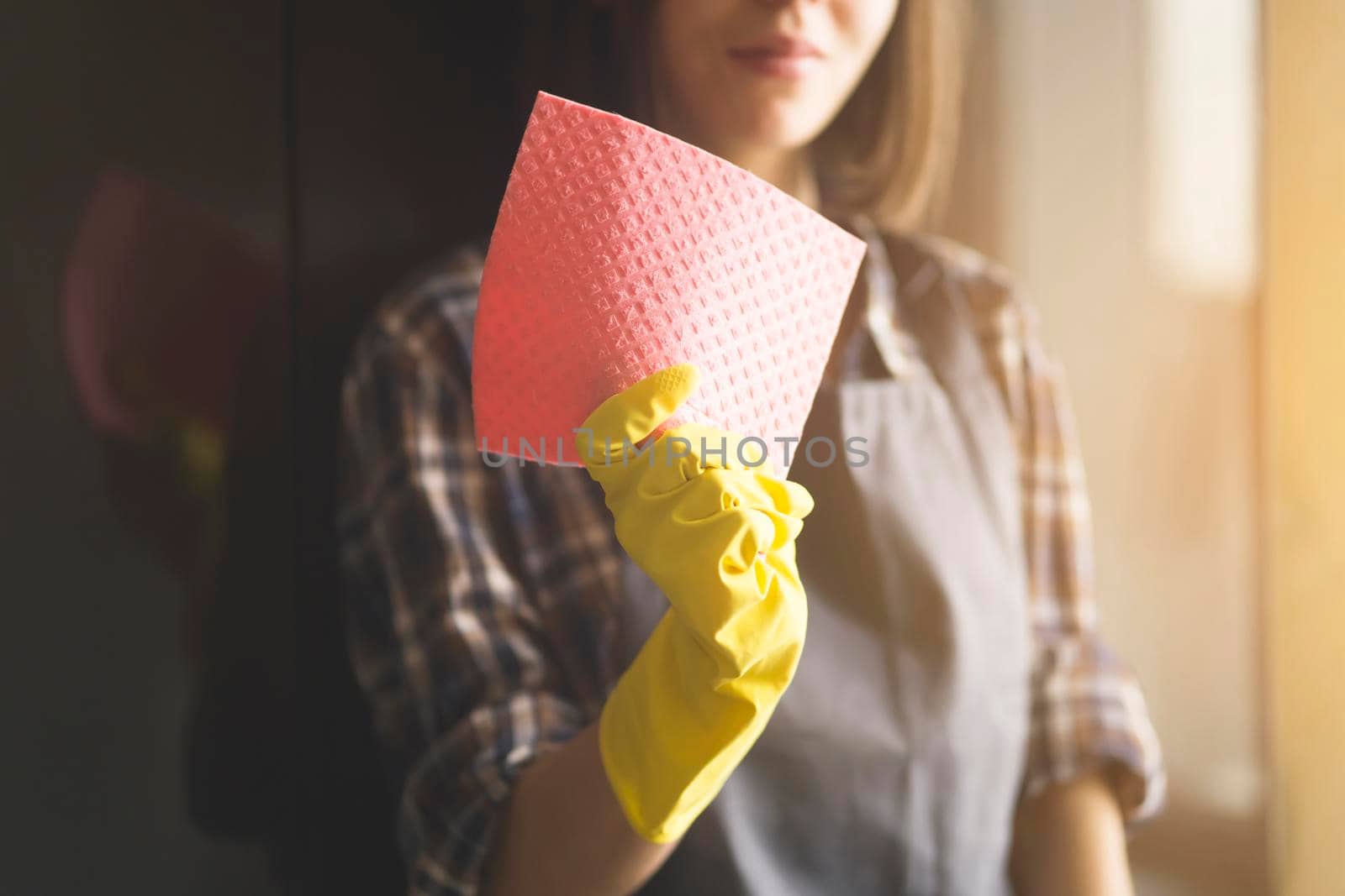 Young female hands in yellow rubber gloves hold a new pink sponge for cleaning the house and wiping surfaces. A female housekeeper in a plaid shirt and a gray apron holds a rag and plans to disinfect.