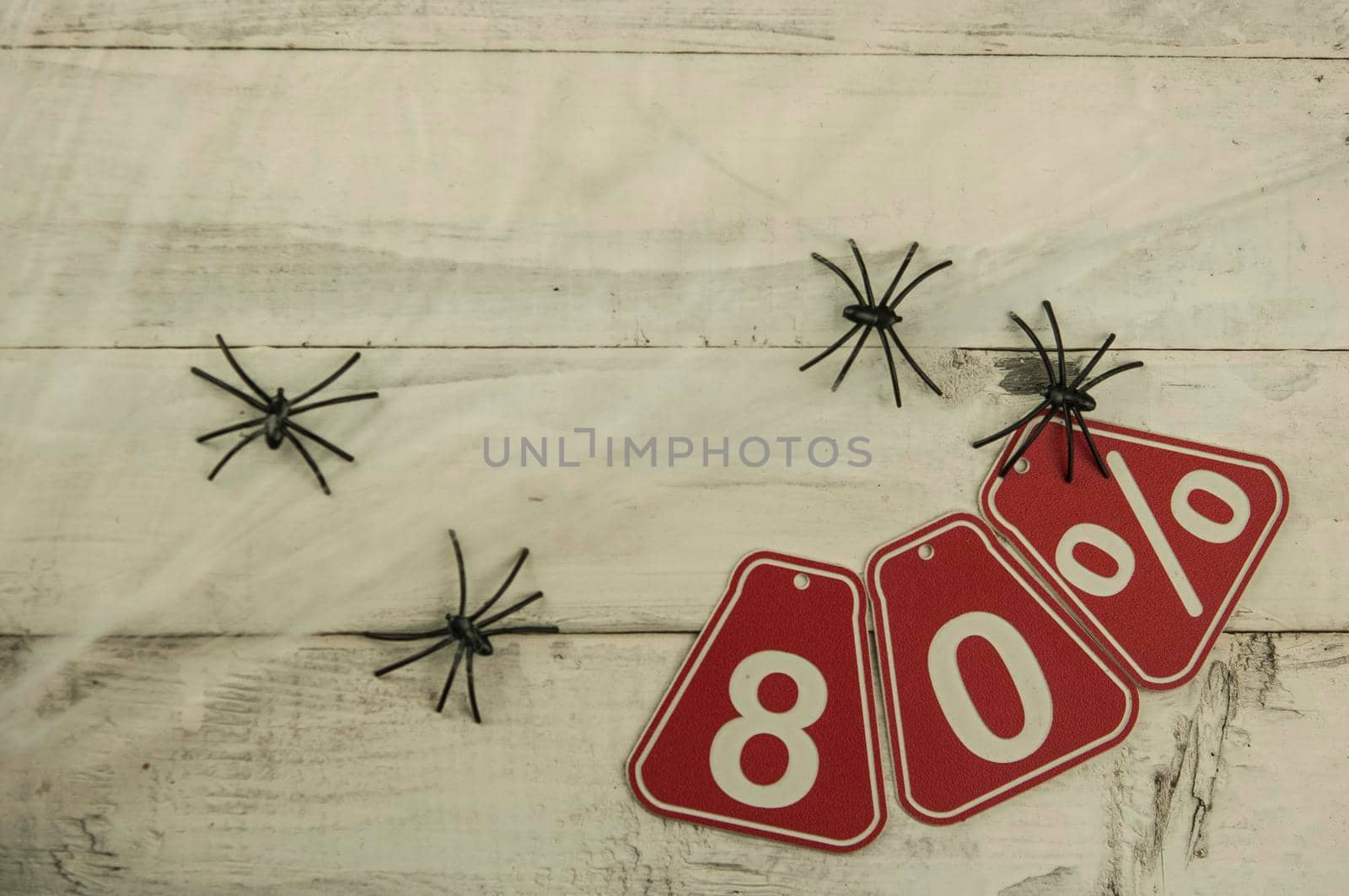 eighty percent discount on the Halloween background-price tag on a rustic old white wooden background