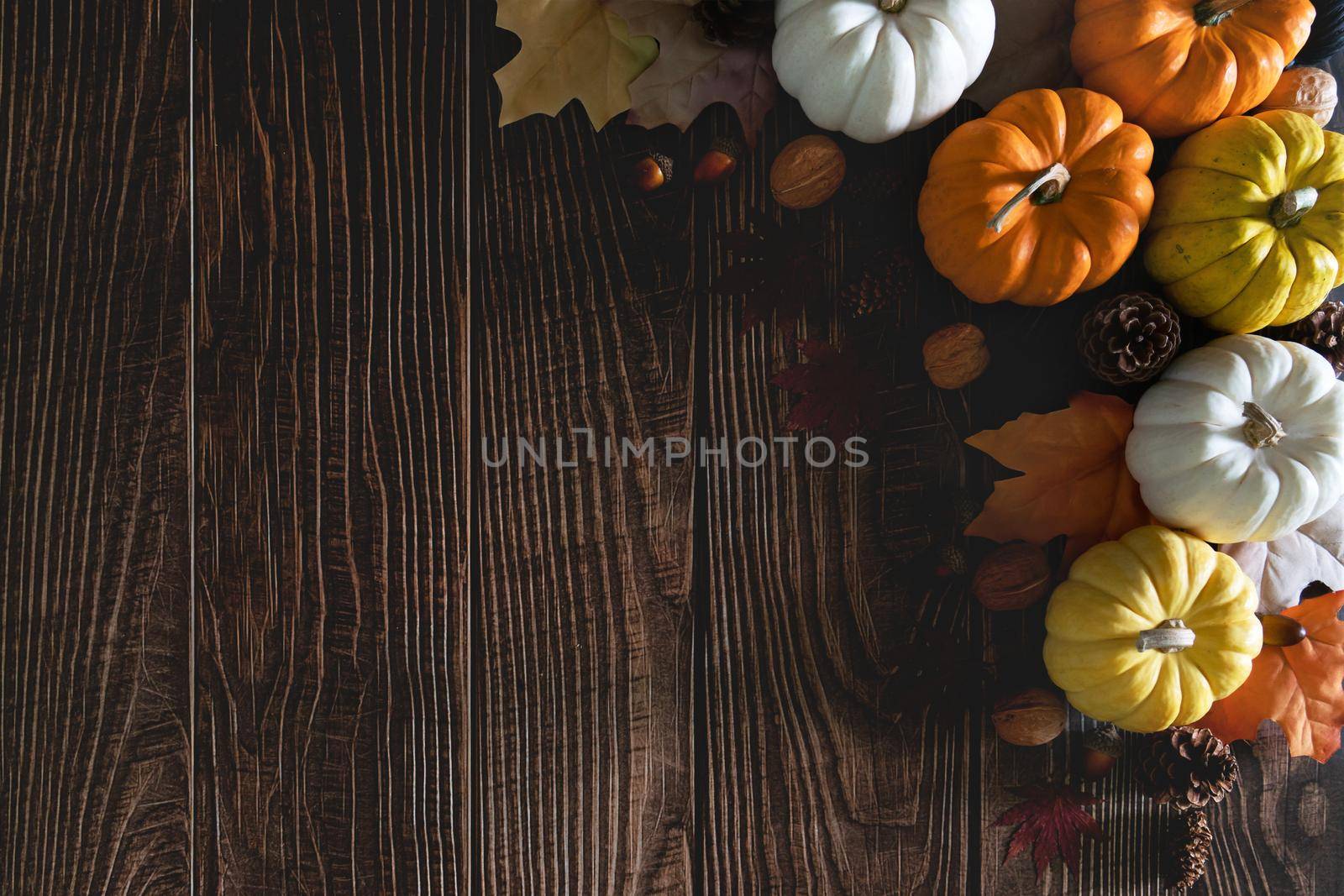 Happy Thanksgiving Day with pumpkin and nut on wooden table