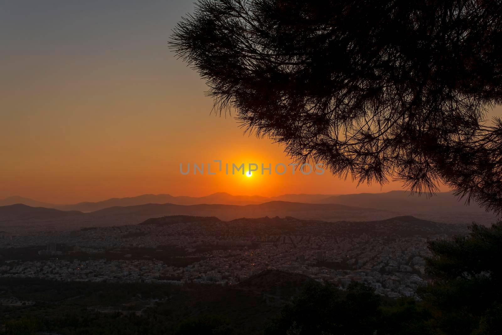 Sunset panoramic view of Athens from the hymettus mountain, Greece.