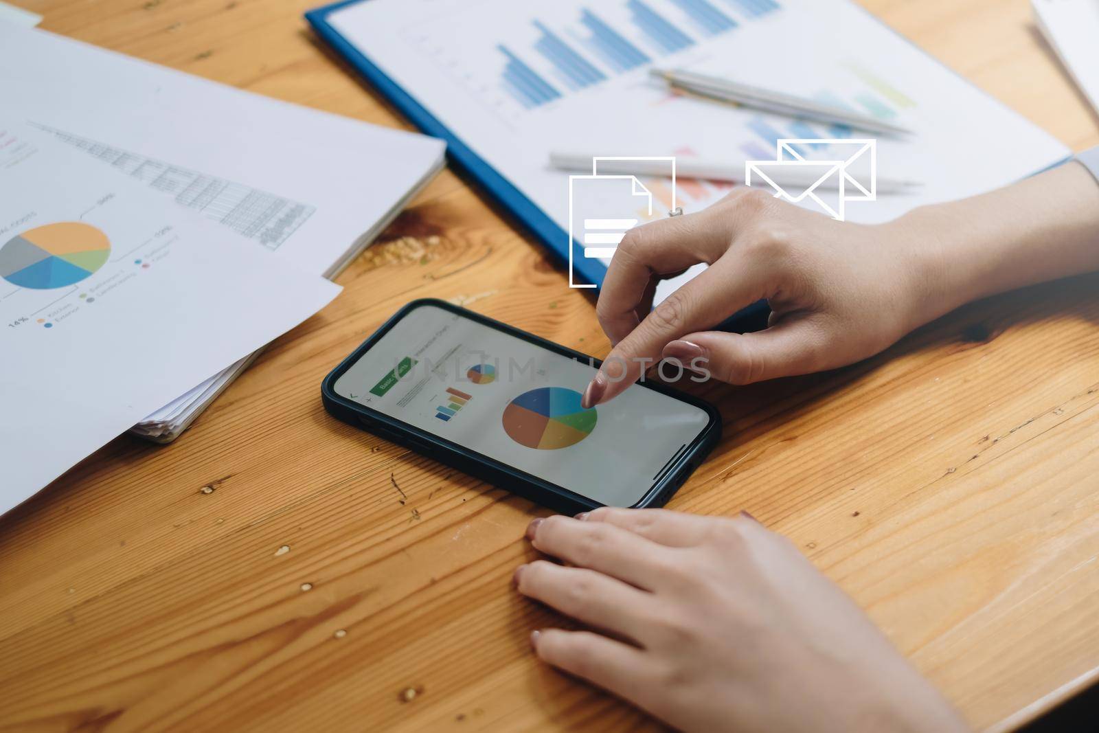 Close-up of a business woman audit the company's budget. Tax information is calculated by accountants.