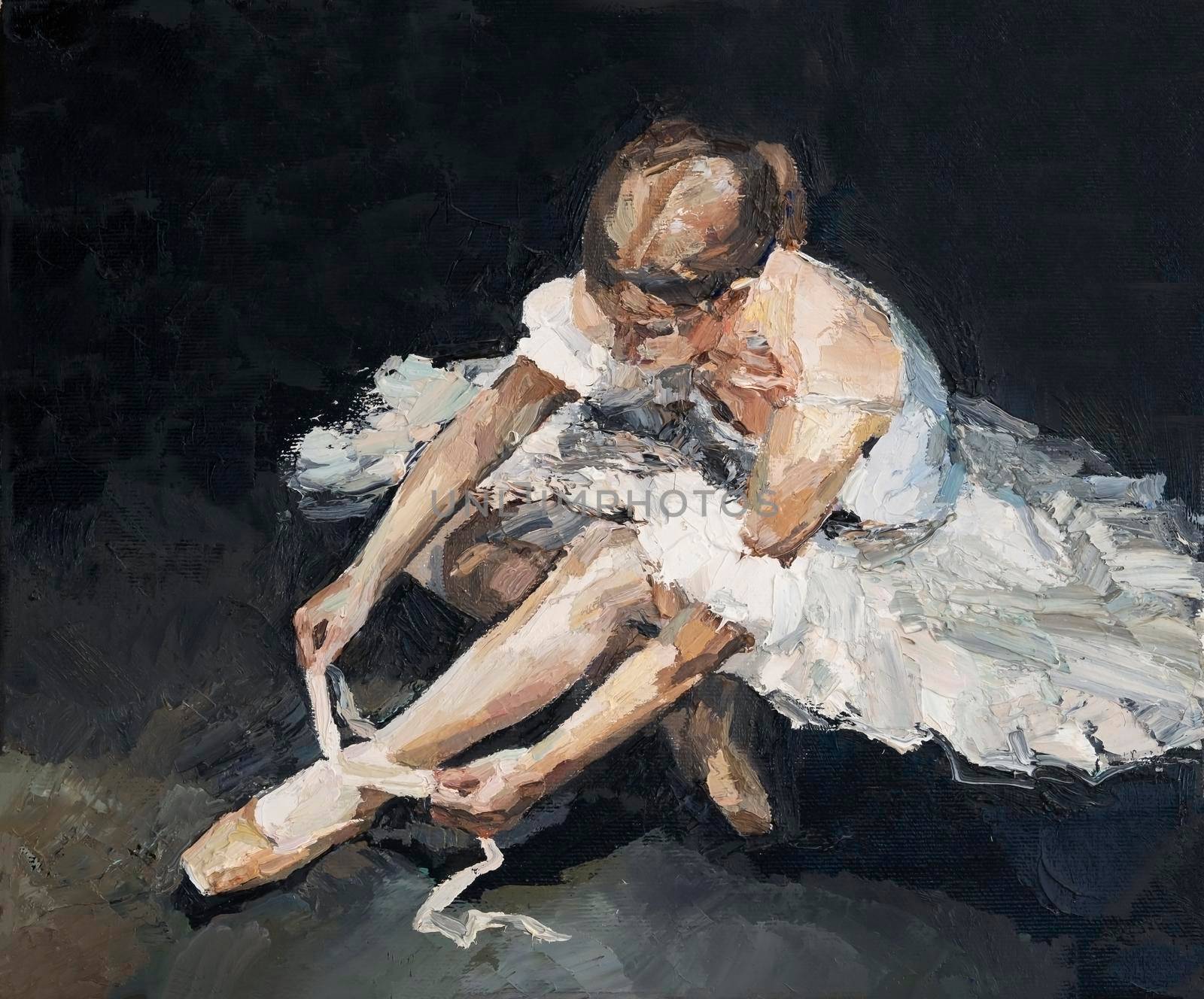 Young beautiful ballerina in lush white and light white dress sits on the floor before the performance, the background is black. Oil painting on canvas.