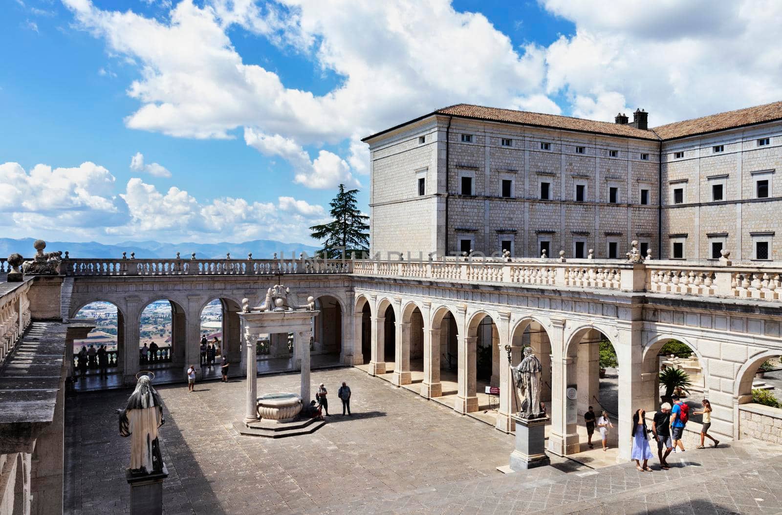 Montecassino-Italy-August 29 -2021 Cloister of  Bramante with loggia of Paradise  in Montecassino Abbey - Italy -