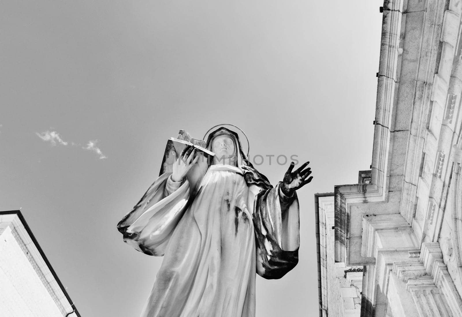 Montecassino Abbey -Italy - August 29 -2021-statue of St. Scolastica in Bramante cloister , Benedictine monastery 