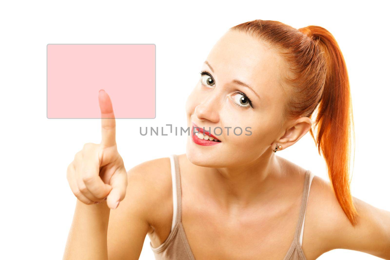 Young woman pressing virtual button isolated on white