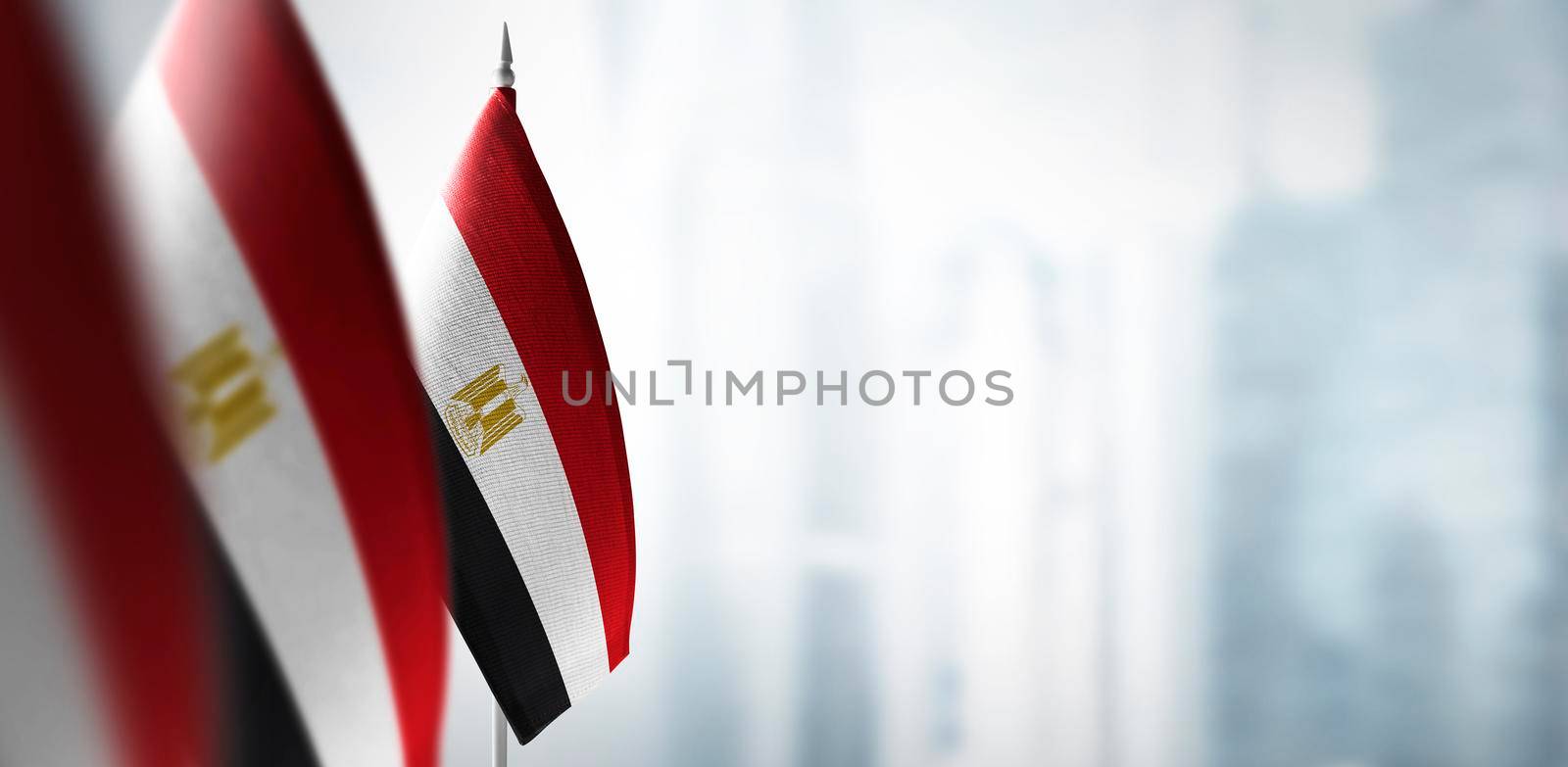 Small flags of Egypt on a blurry background of the city by butenkow