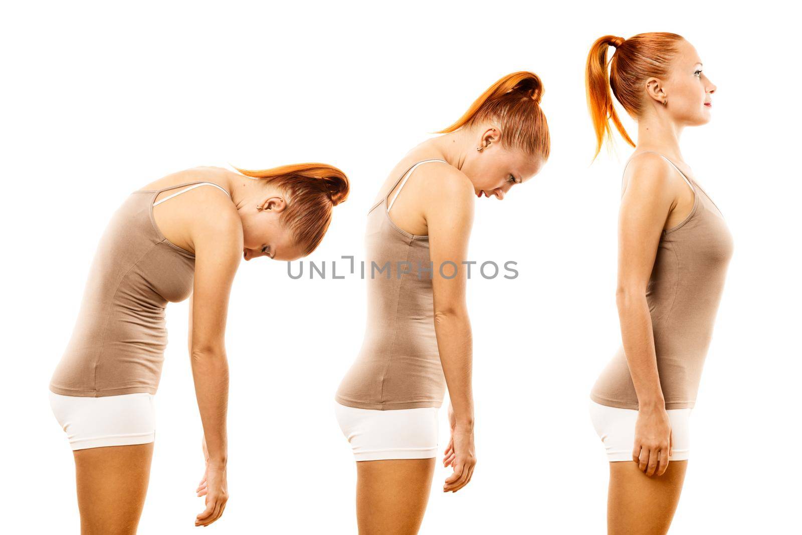 Young woman practicing yoga spine roll over white background