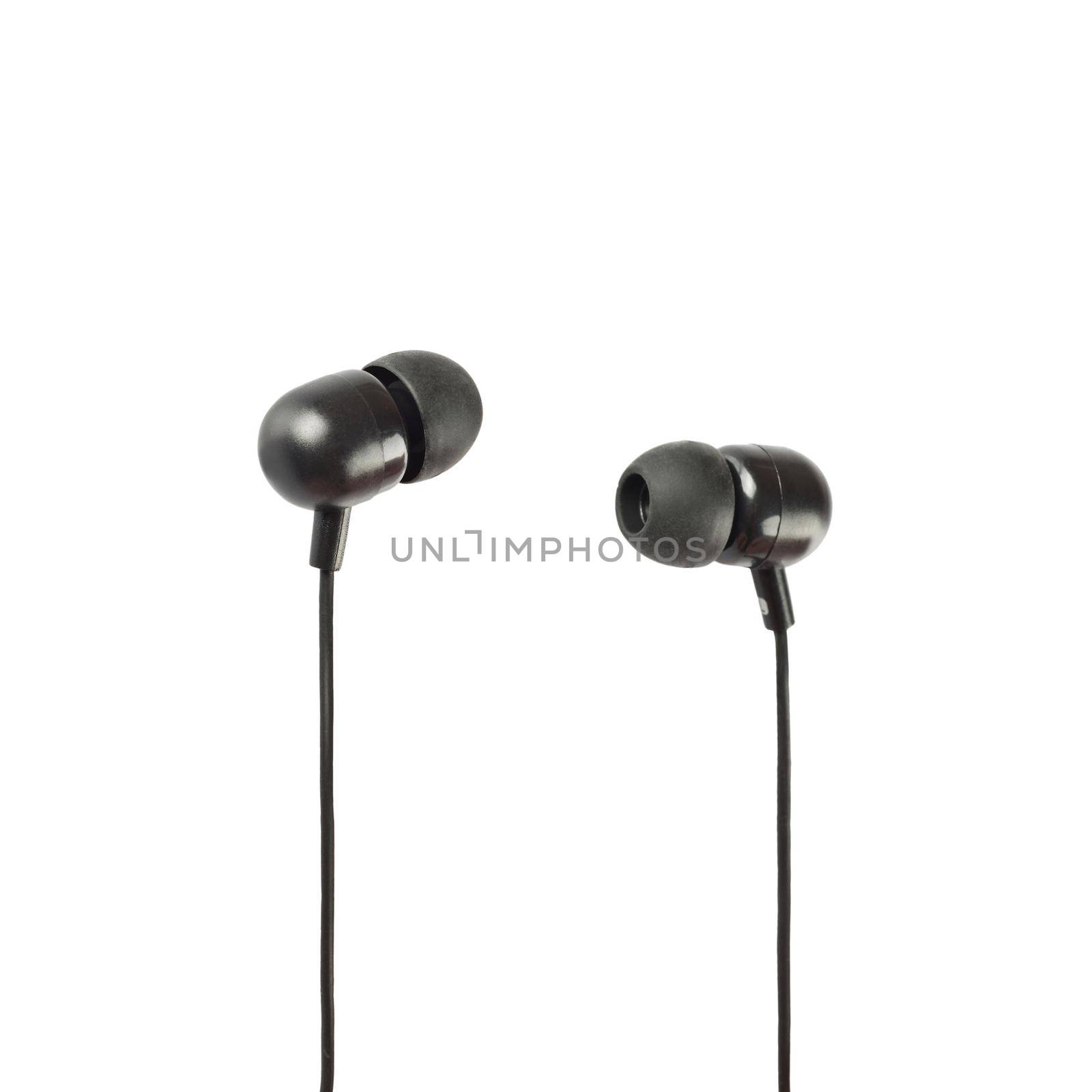 Black headphones closeup shot over white background