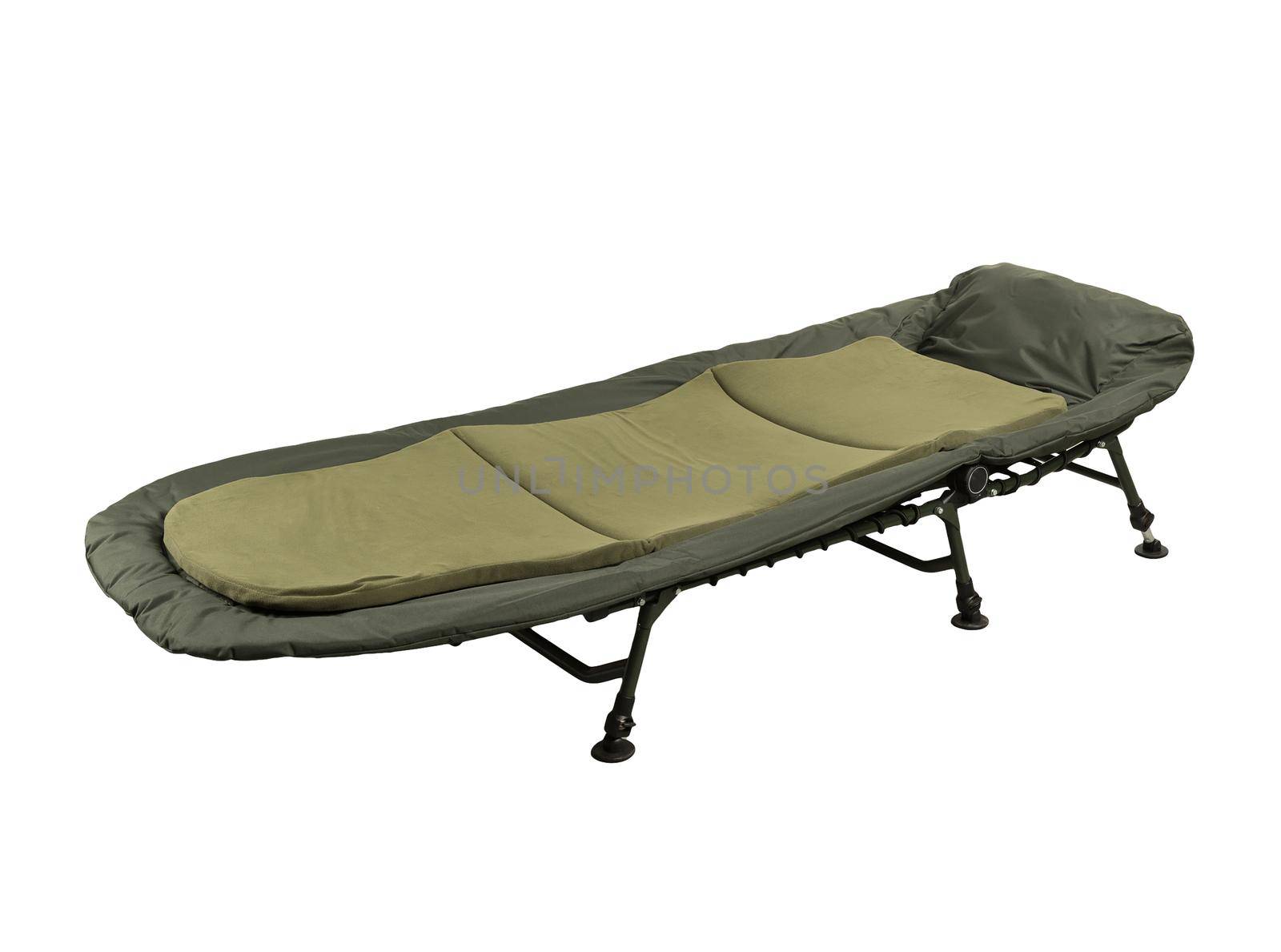 Green camp bed isolated on white background