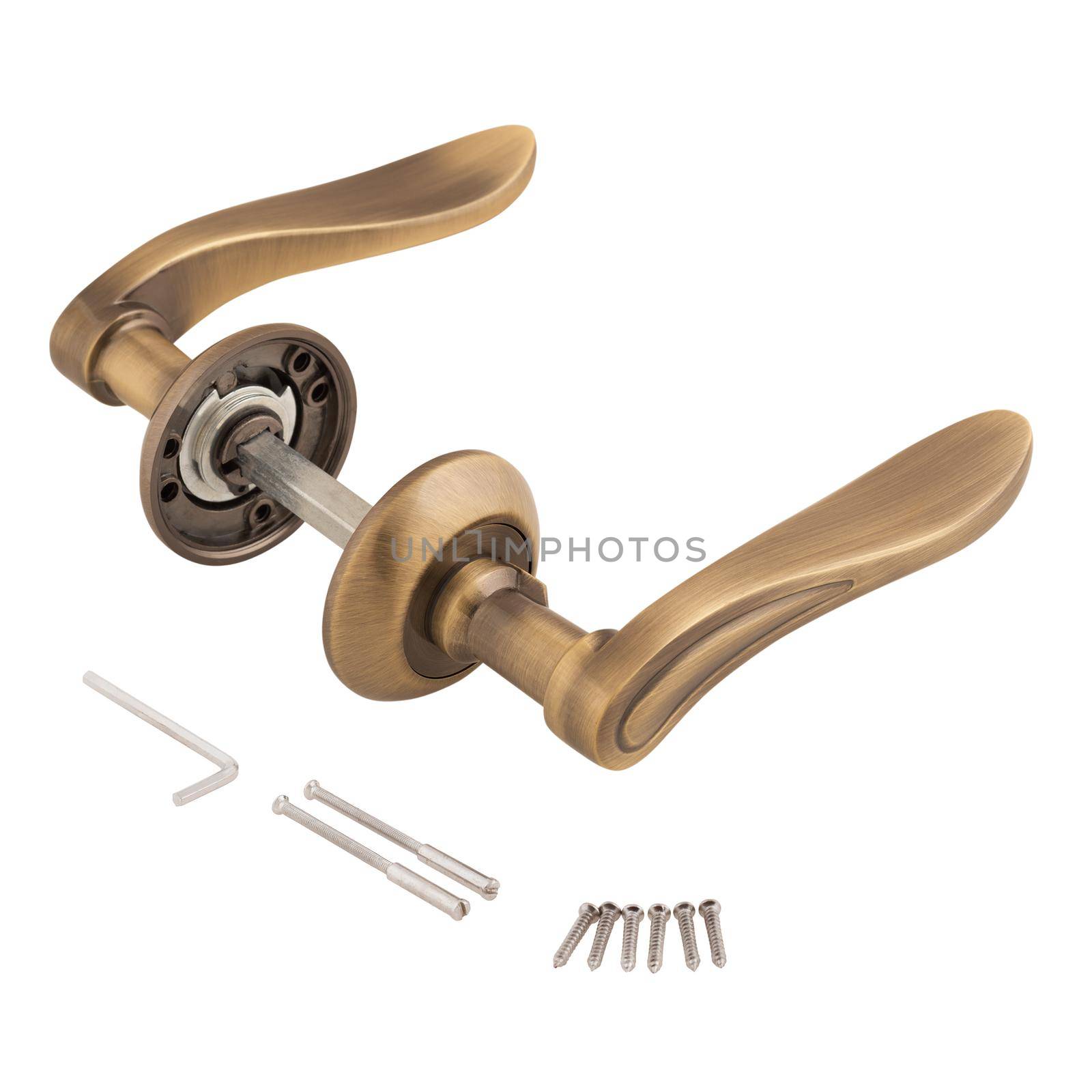 Door handle assembly with bolts and screws isolated on white