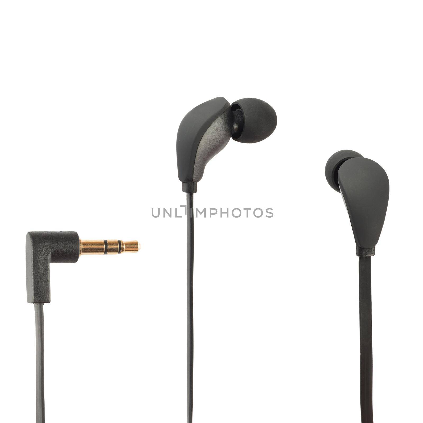 Black headphones closeup shot over white background