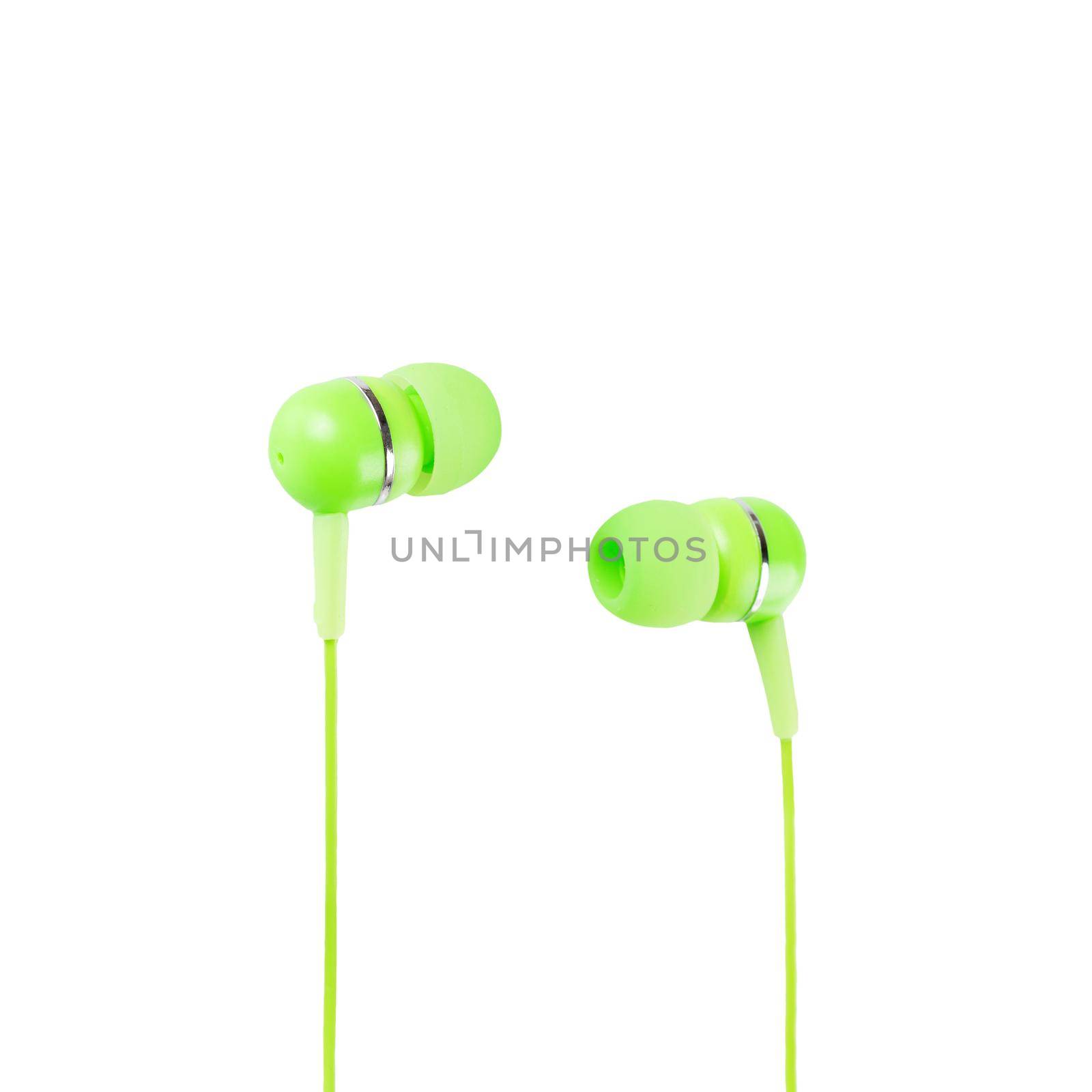 Green headphones closeup shot over white background