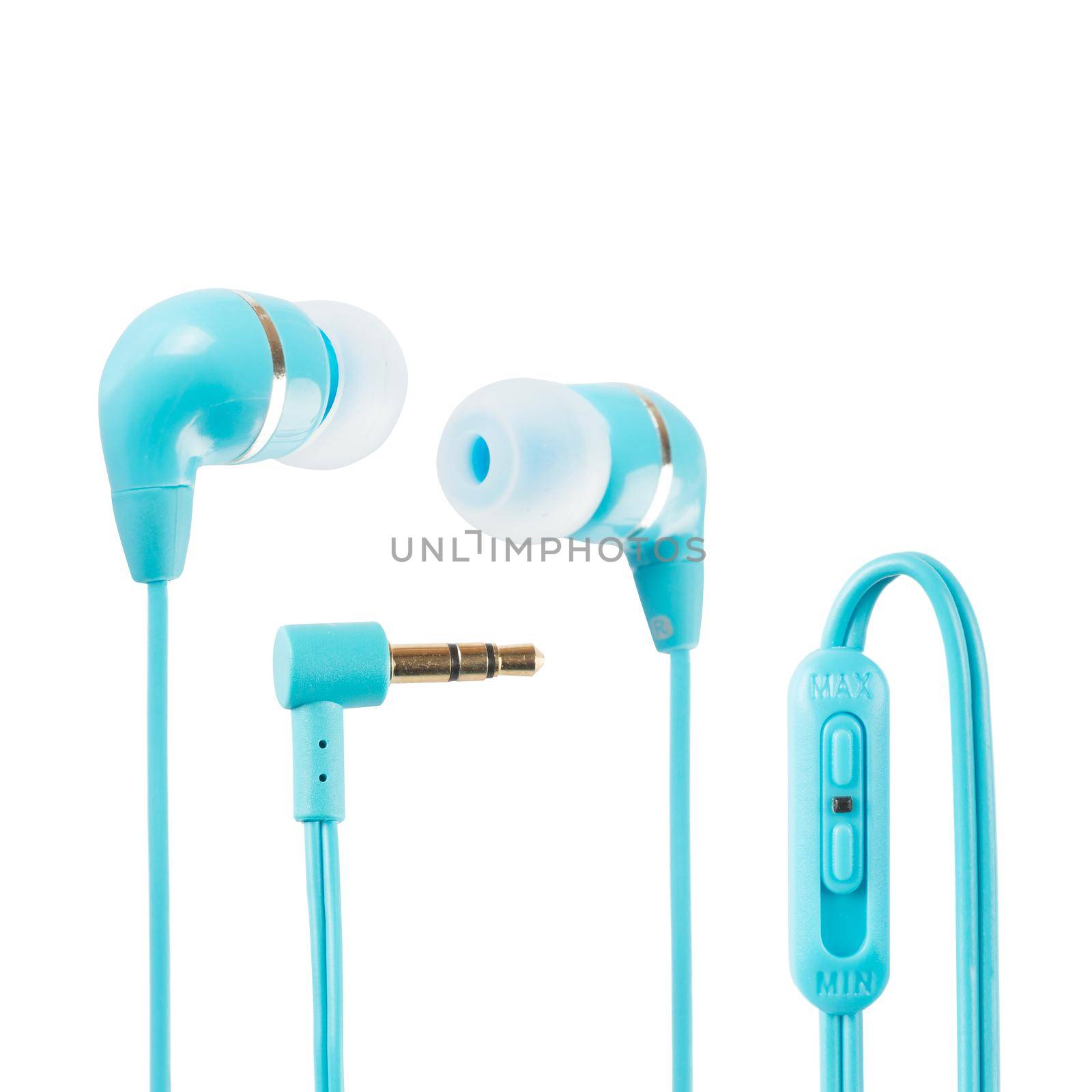 Blue headphones with volume control over white background