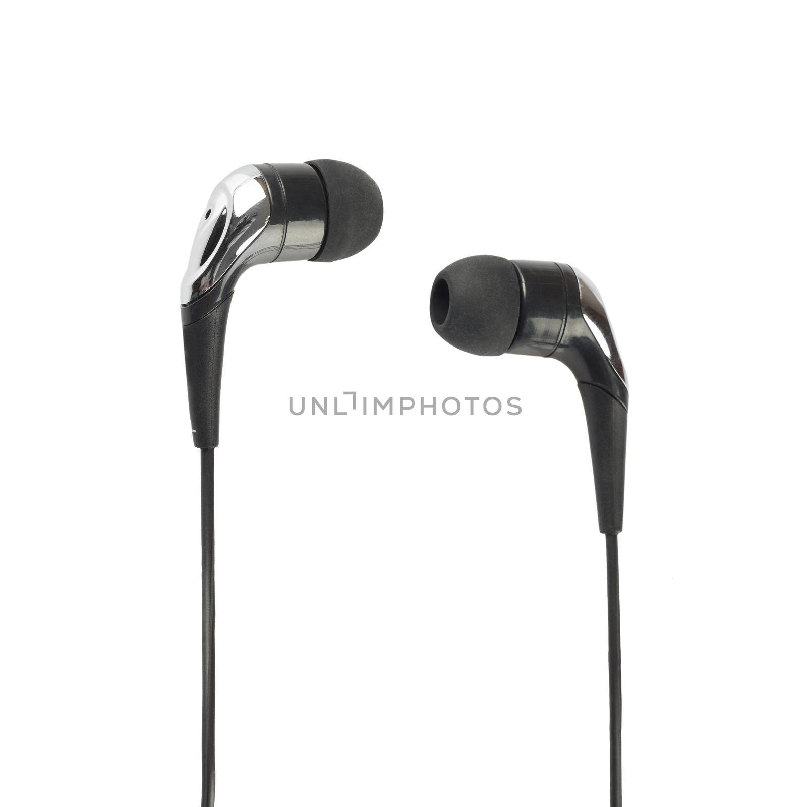 Black headphones closeup shot over white background