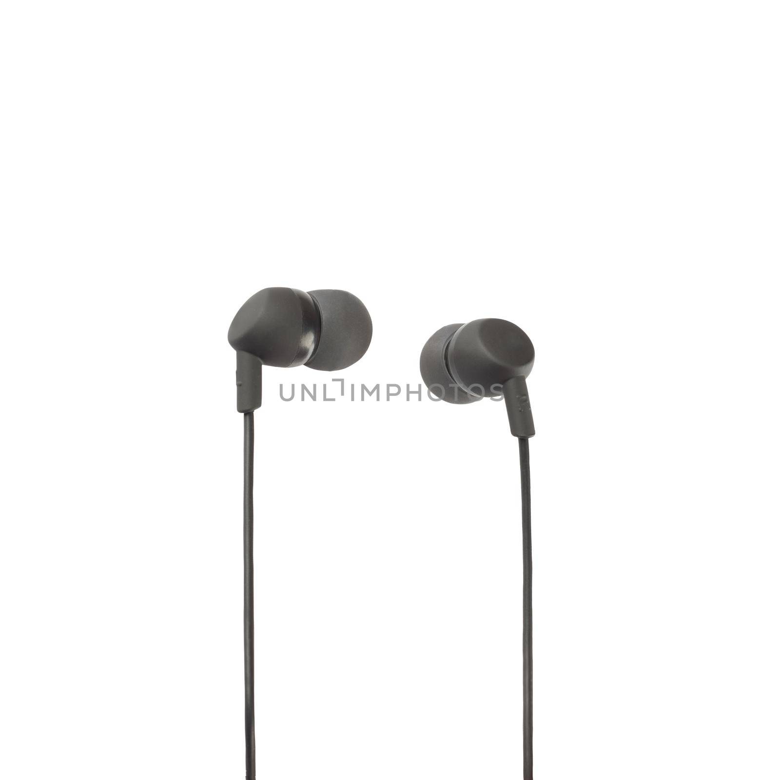 Black headphones closeup shot over white background