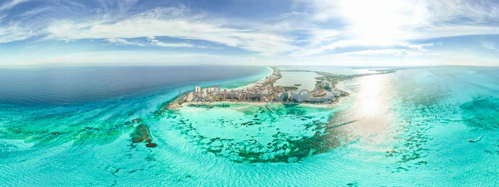 Aerial 360 panoramic view of Cancun city hotel zone in Mexico. Caribbean coast landscape of Mexican resort with beach Playa Caracol and Kukulcan road. Riviera Maya in Quintana roo region on Yucatan Peninsula