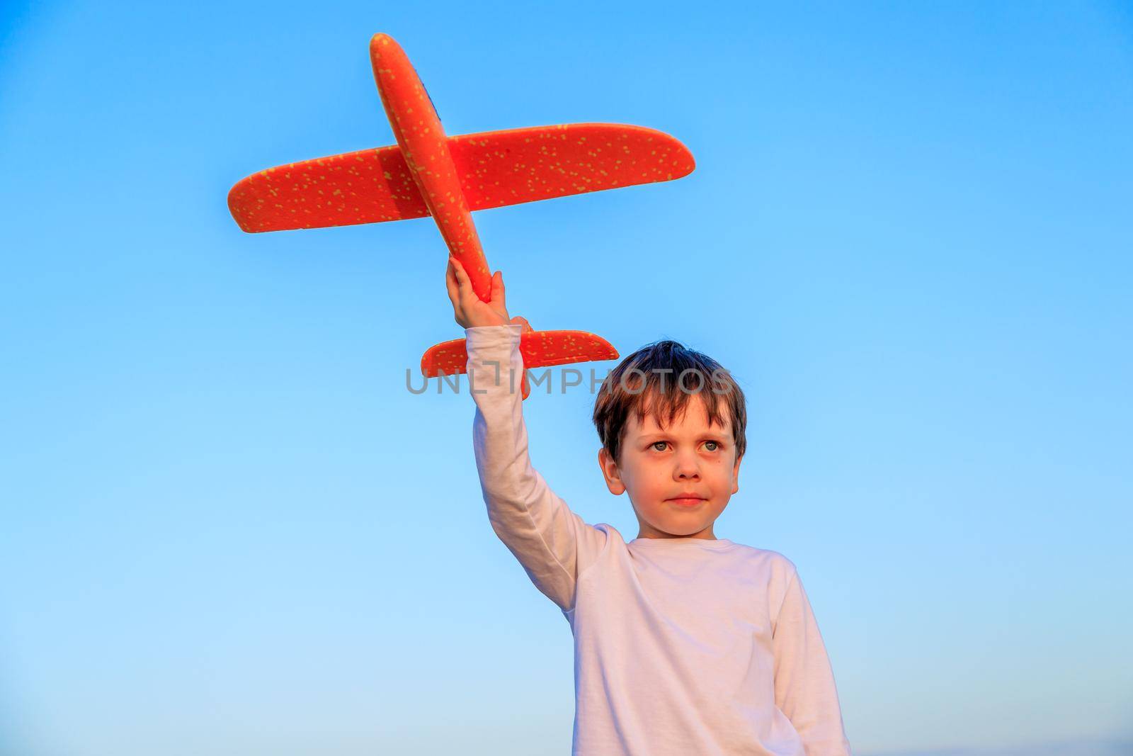 A boy plays in an airplane in nature in the summer . The boy dreams of the future. Buying real estate advertising. An article about choosing a profession. A happy child. Children's toys .