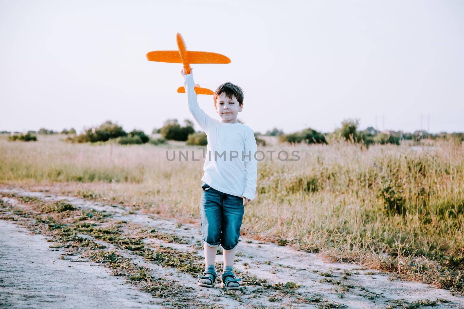 A boy plays in an airplane in nature in the summer . The boy dreams of the future. Buying real estate advertising. An article about choosing a profession. A happy child. Children's toys .