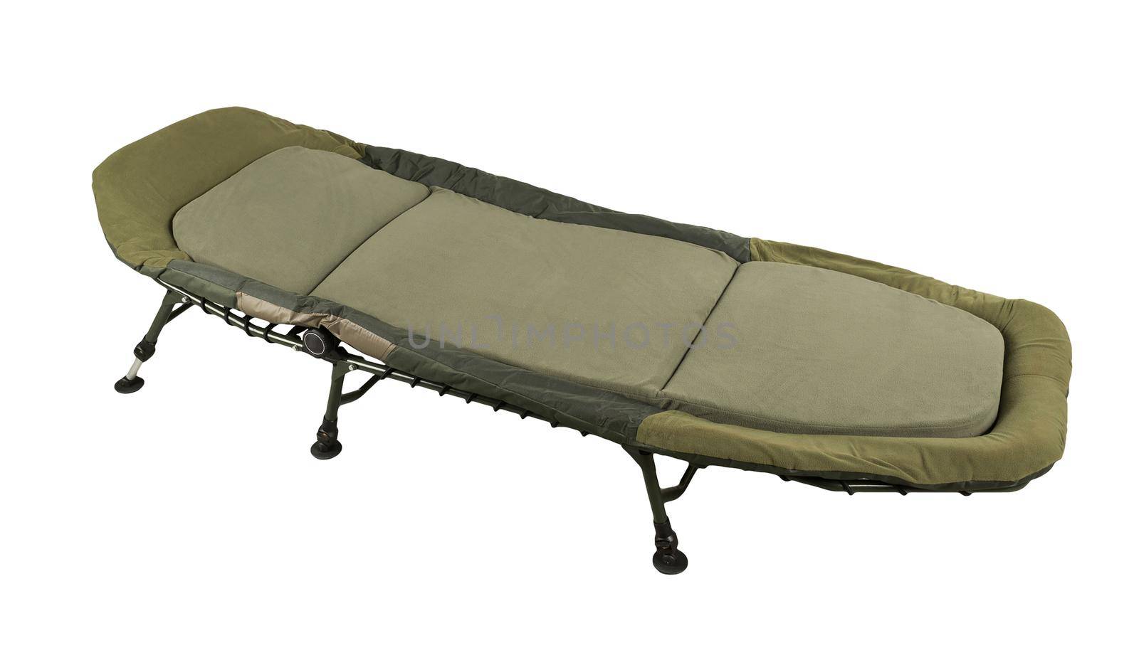 Green camp bed isolated on white background