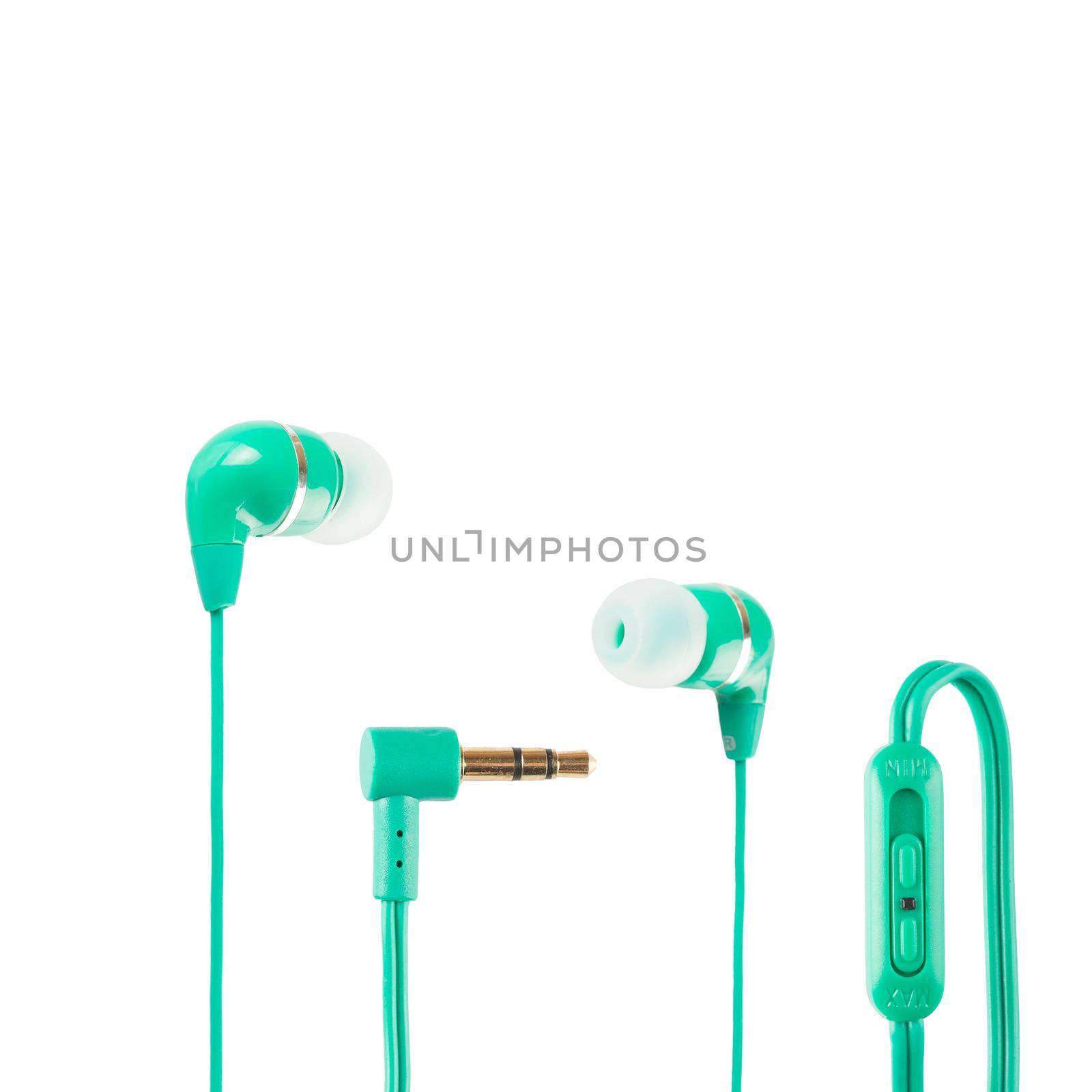 Green headphones closeup shot over white background