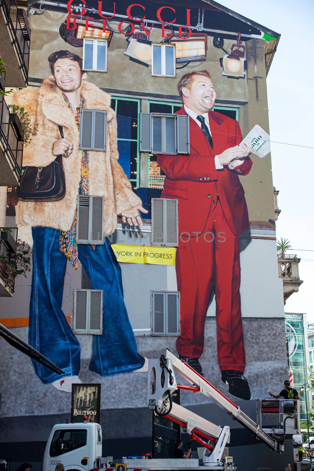 Milan, Italy - June 30: View of the Belowed show; the murales of Harry and James Corden by Harmony Korine at Gucci Wall of Milan on June 30, 2021