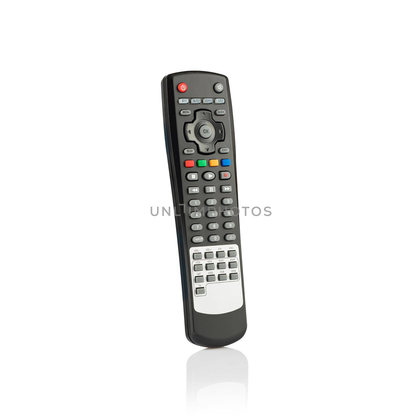 Infrared remote control for TV satellite receiver isolated on white background
