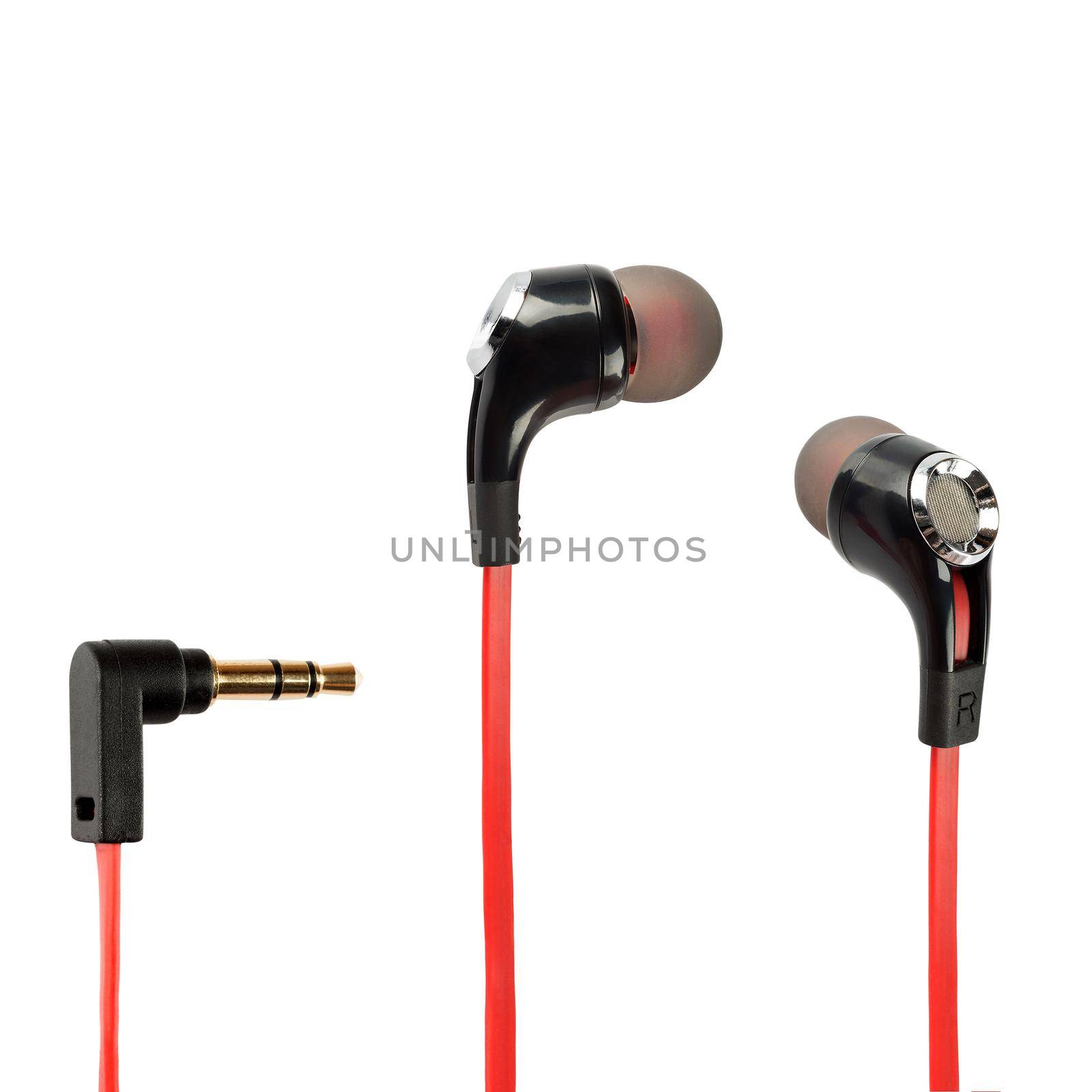 Black headphones with red cable over white background