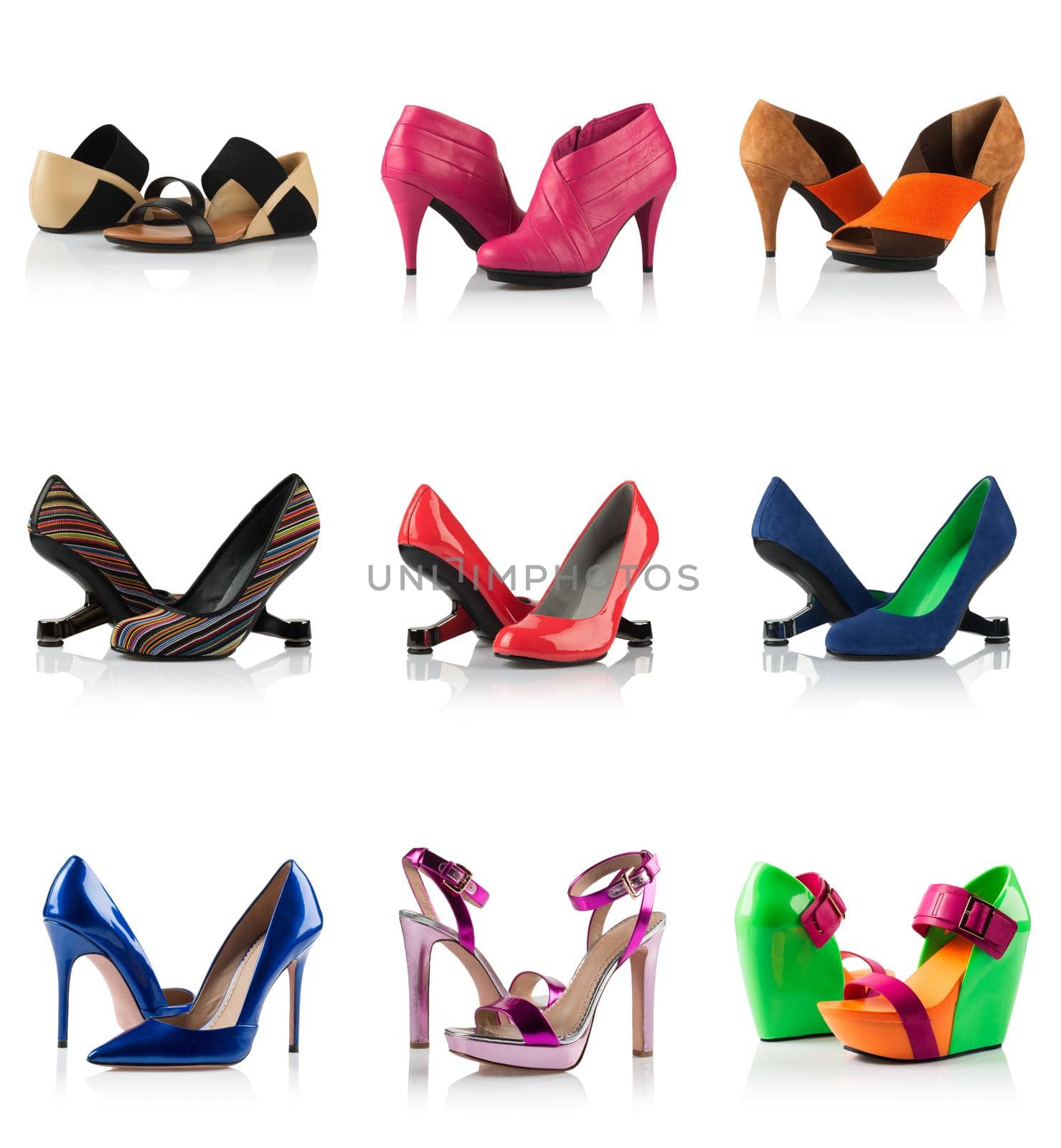 Collection - various types of female shoes over white