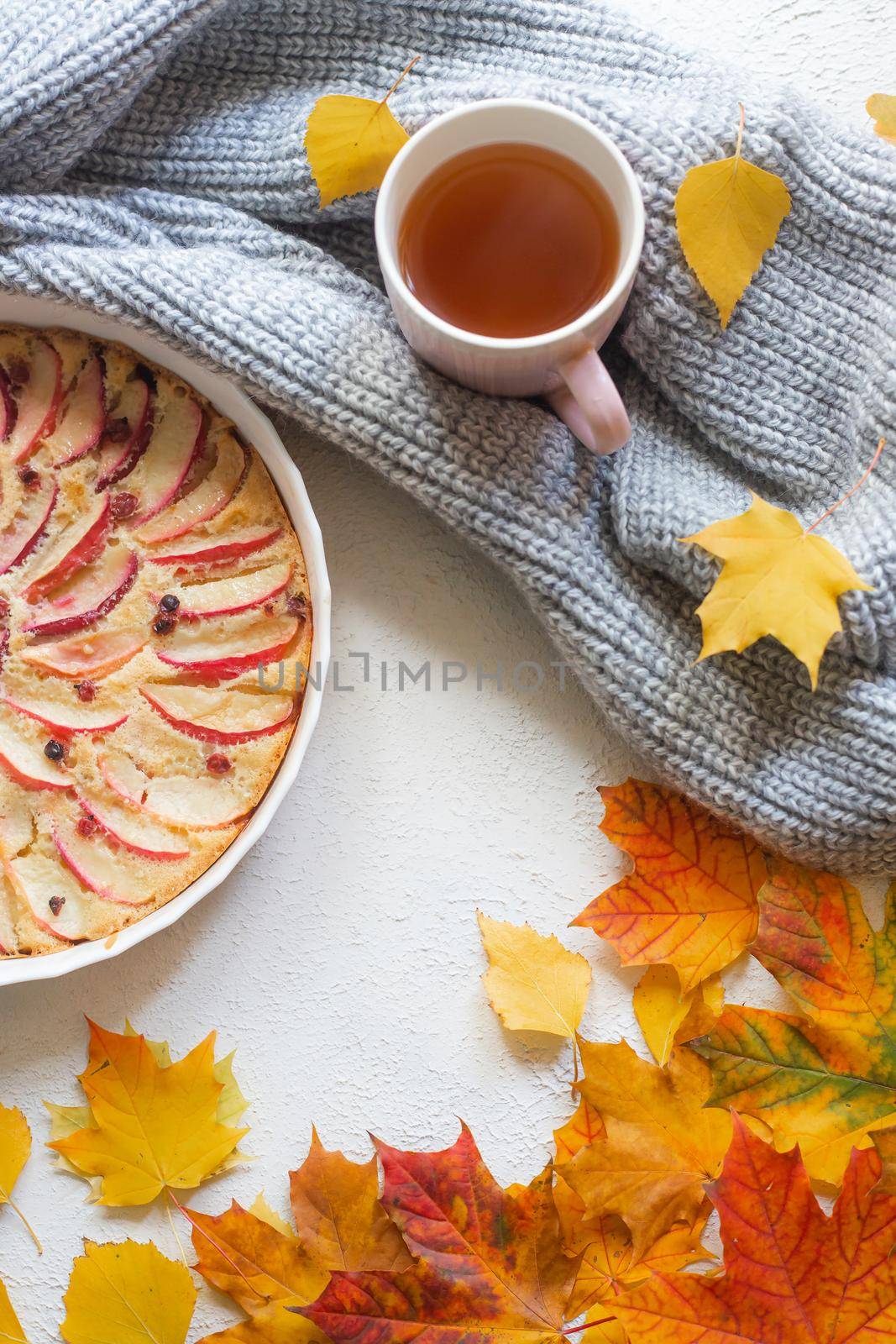 Apple pie layout and autumn leaves top view . An article about autumn. An article about baking. Homemade cakes. Autumn picture