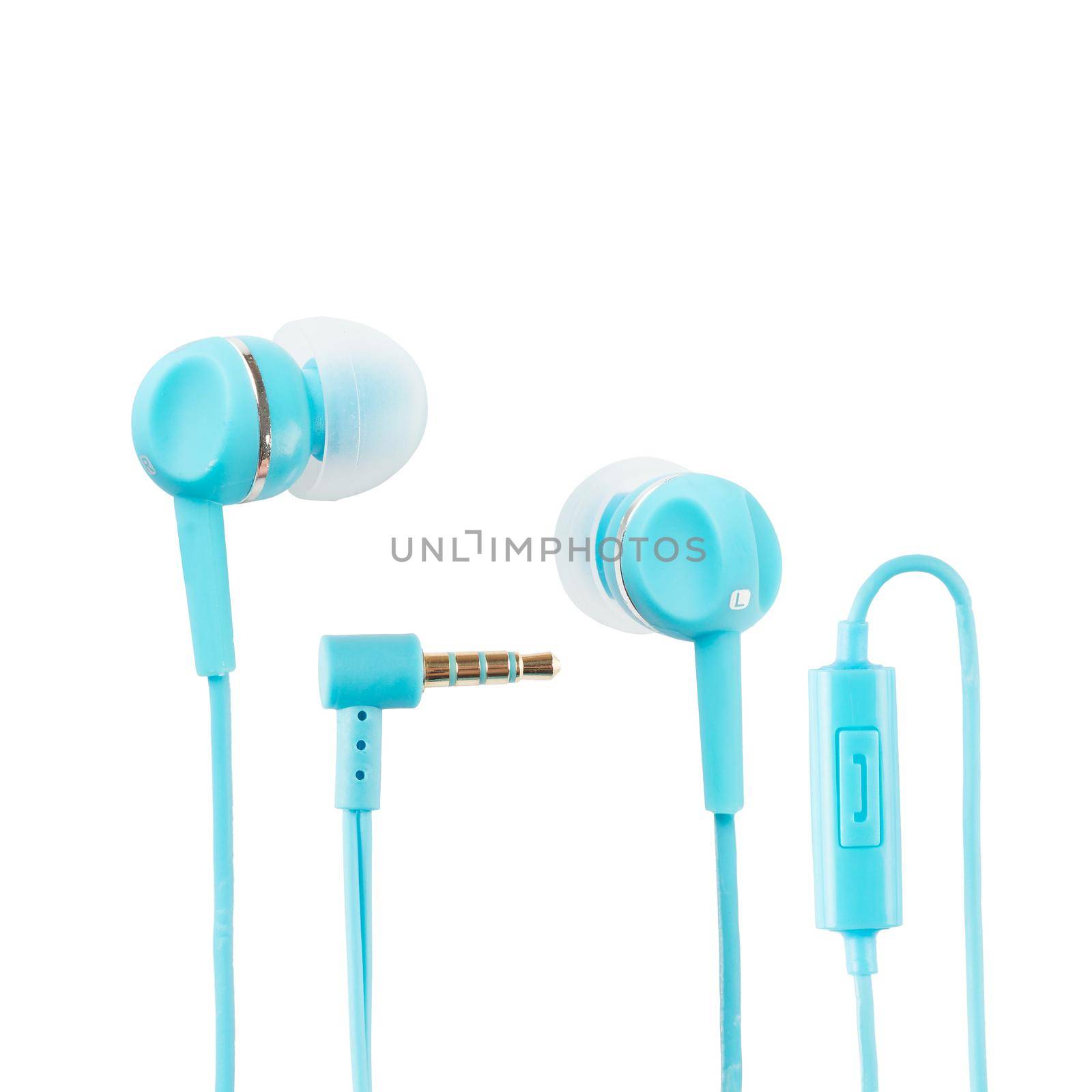 Blue headphones with volume control over white background
