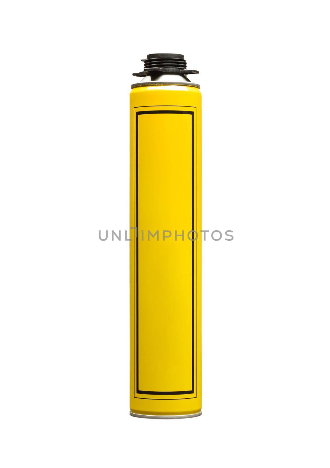 Yellow can of professional construction foam isolated on white