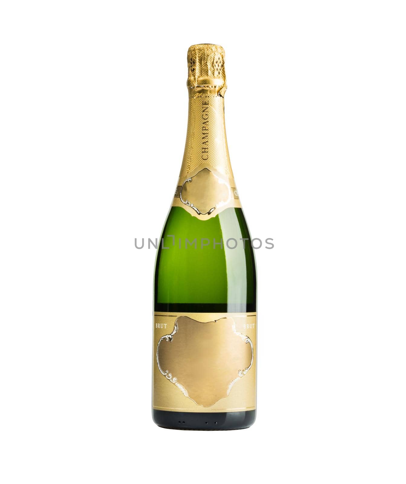 New unopened plain bottle of brut champagne isolated on white