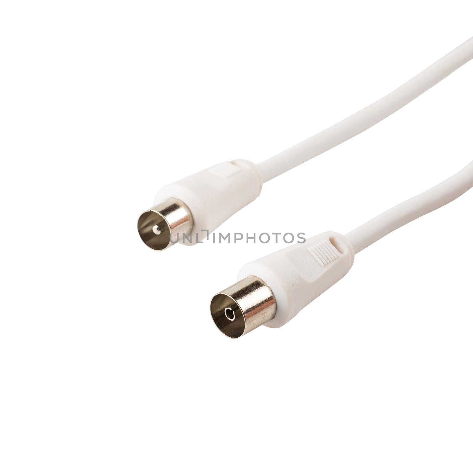 TV antenna cable isolated close up shot over white