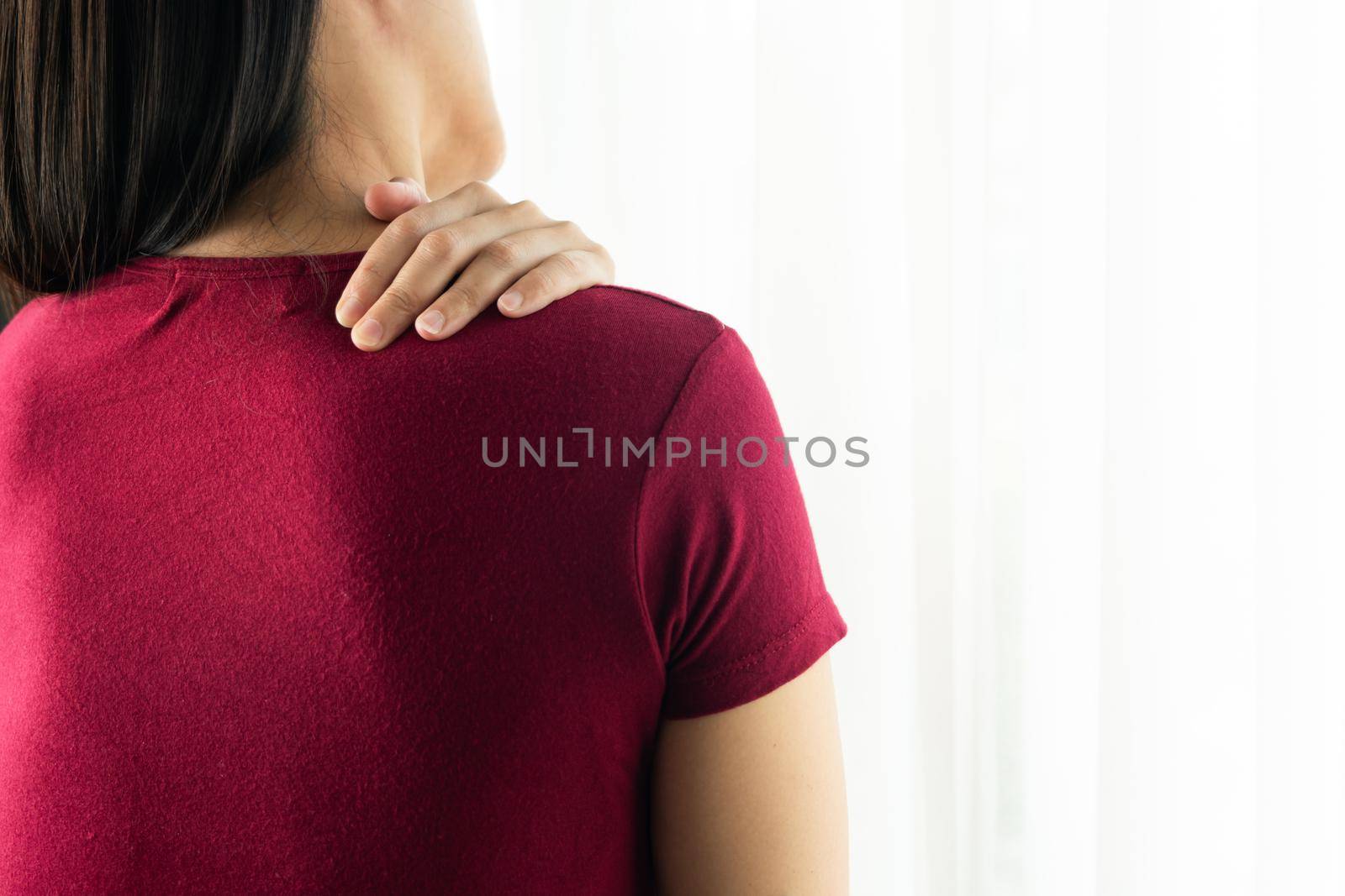 young women neck and shoulder pain injury, healthcare and medical concept by psodaz