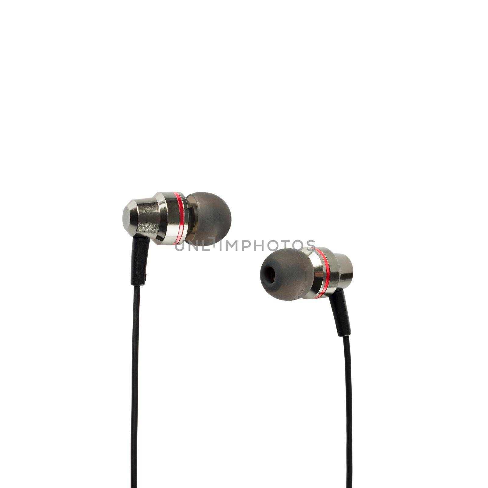 Black headphones closeup shot over white background