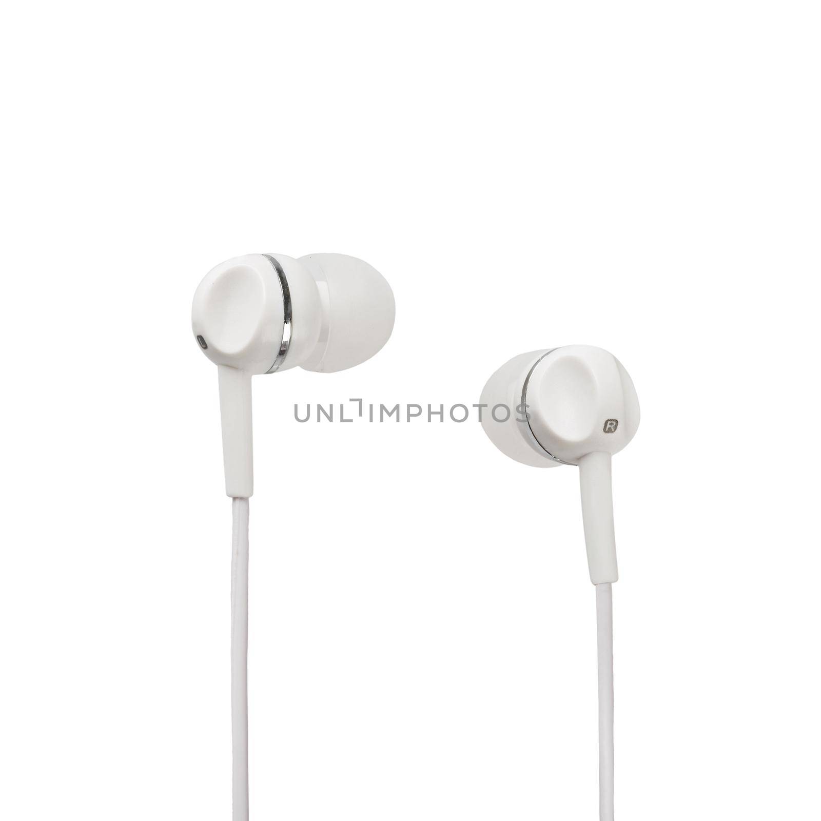 White headphones closeup shot over white background