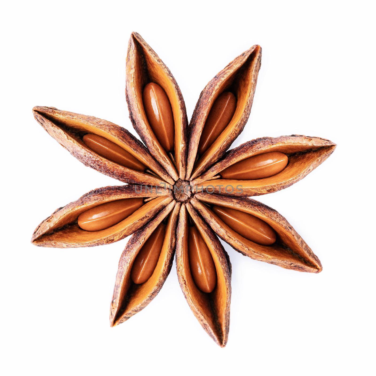 Single Chinese star anise isolated on white background.