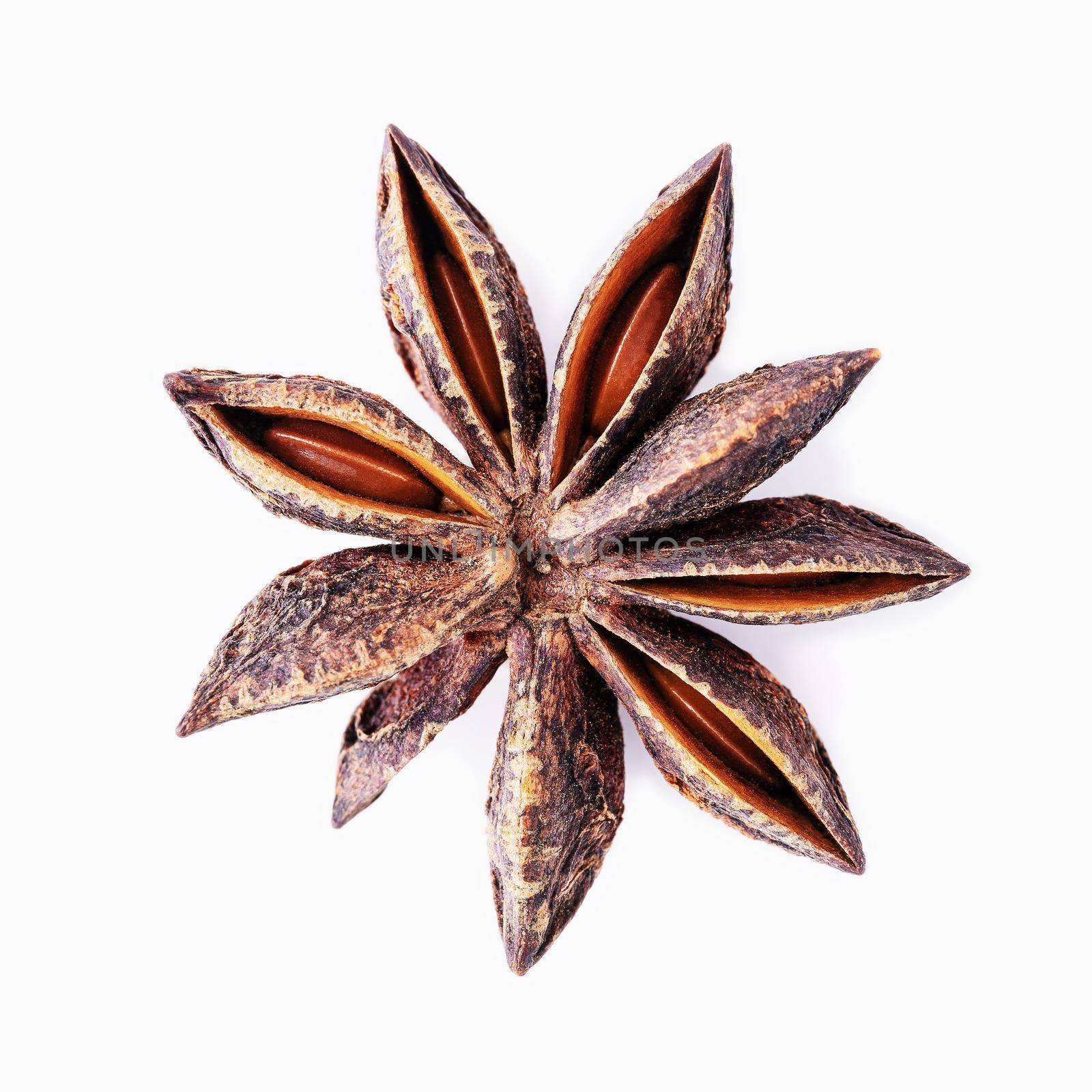 Single Chinese star anise isolated on white background. by kerdkanno