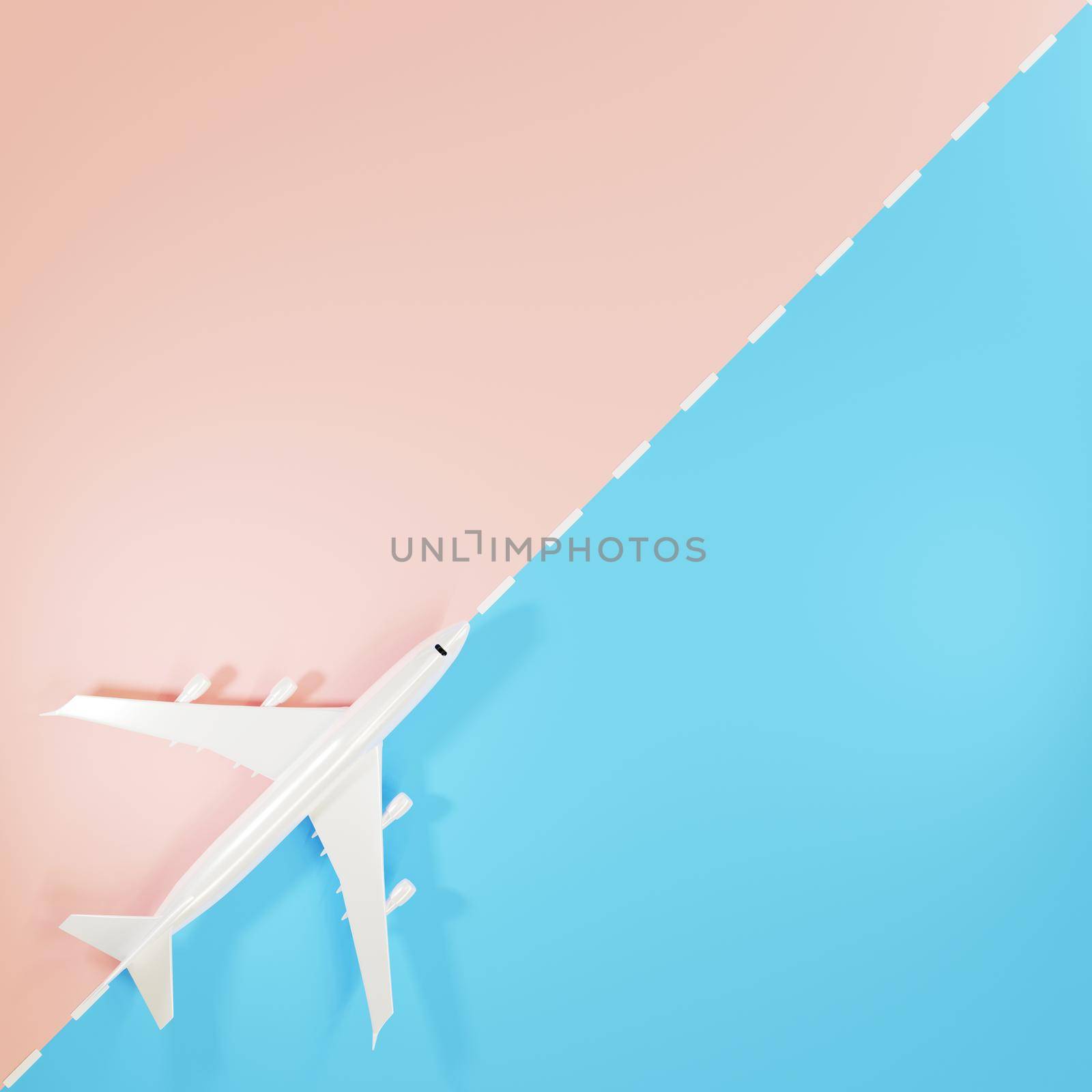 Top view Airplane during landing or taking off over ground on runway from the airport, Large jet plane takeoff on pink and blue background, business travel flight concept, 3D rendering illustration