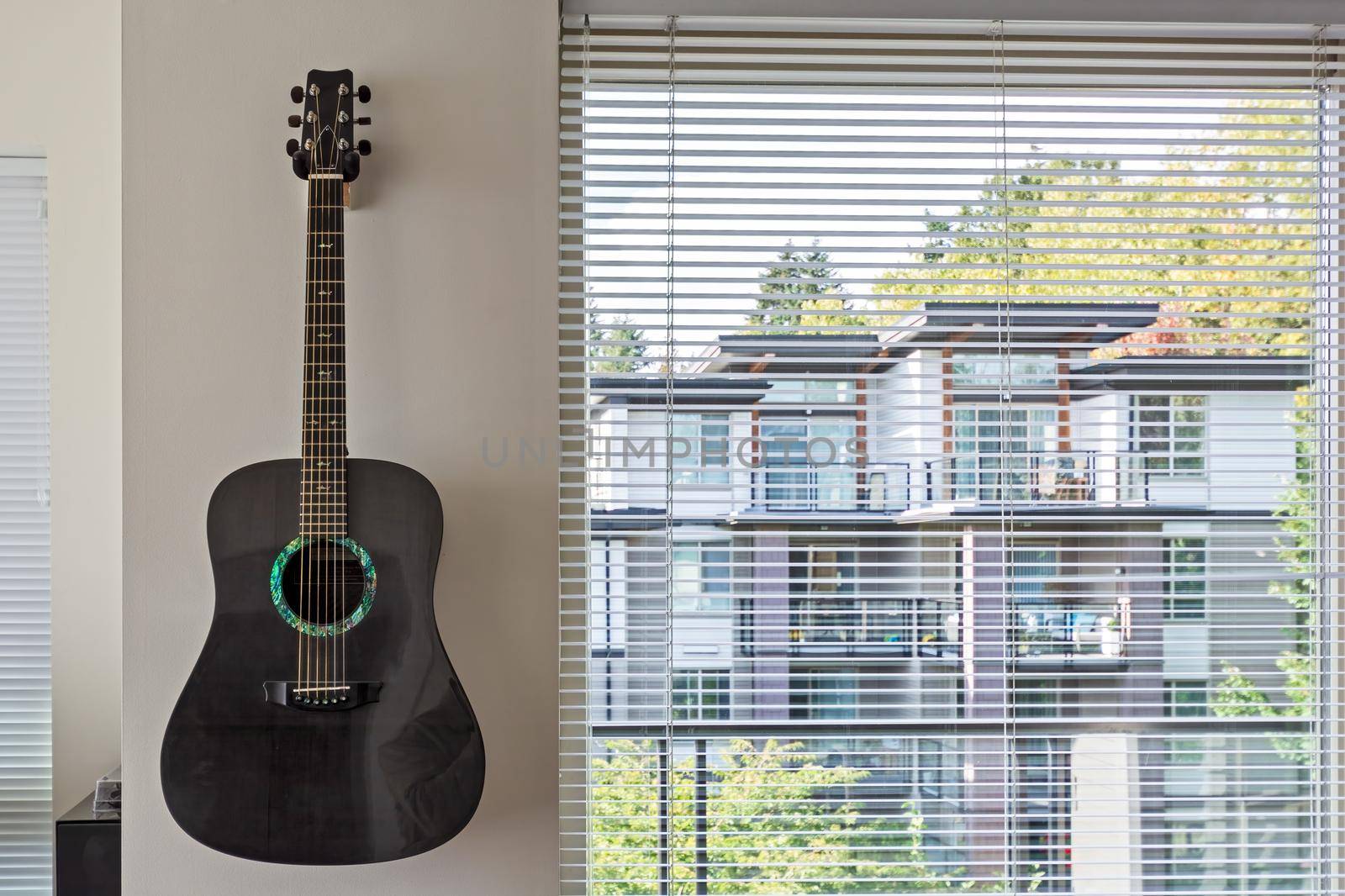 Living room window with guitar on the wall.
