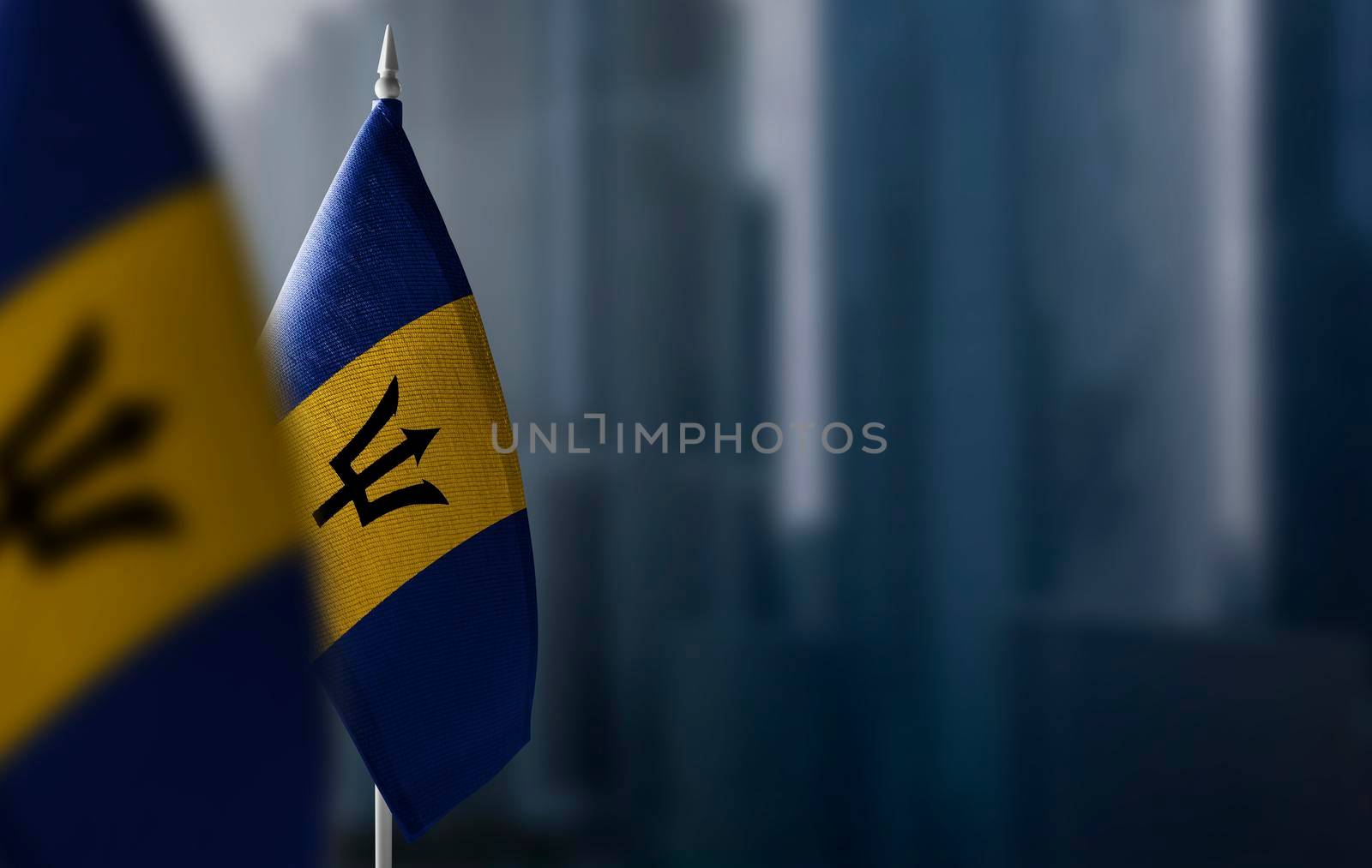 Small flags of Barbados on a blurry background of the city.