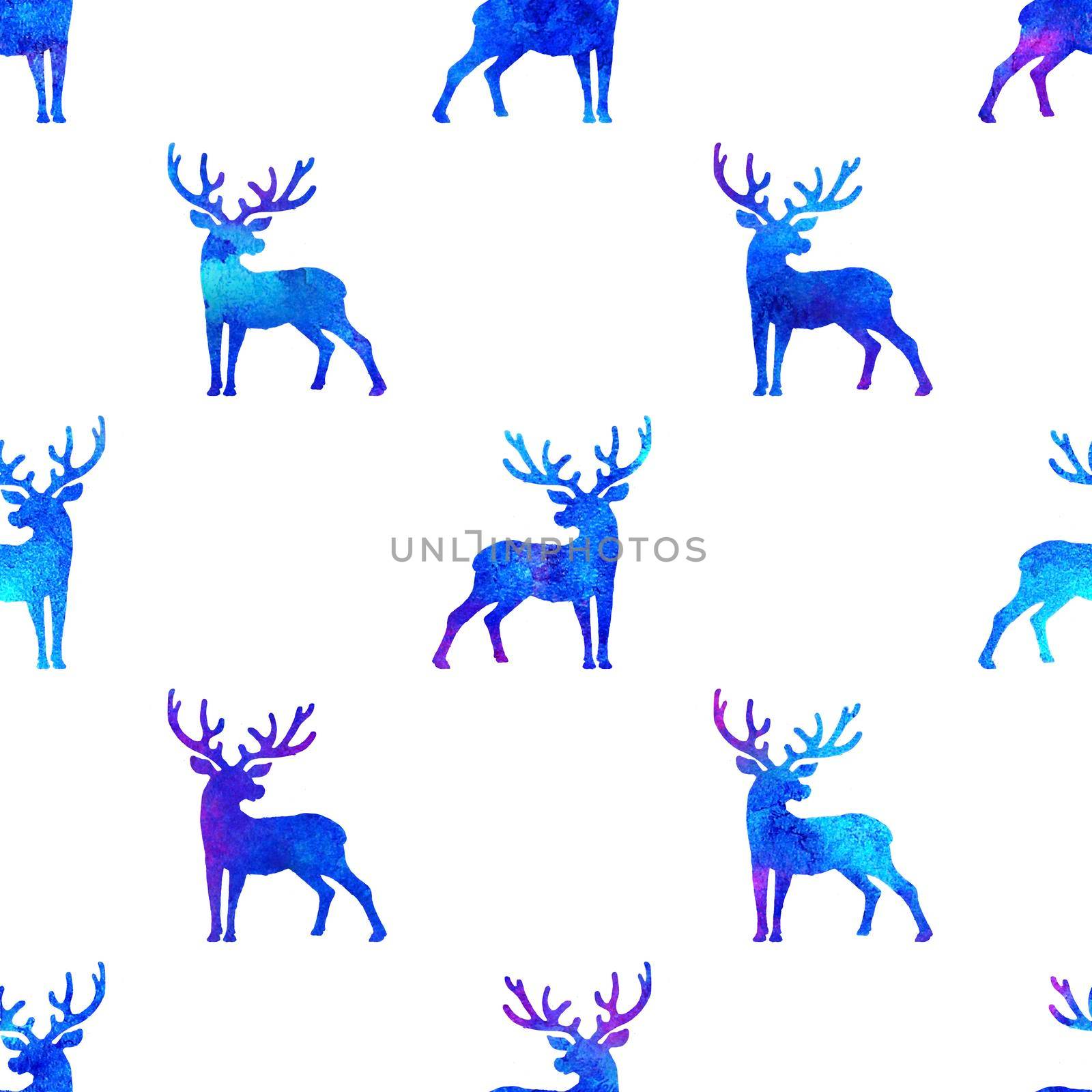 Reindeer XMAS watercolor Deer Stag eamless Pattern in Blue Color. Hand Painted Animal Moose background or wallpaper for Ornament, Wrapping or Christmas Gift.