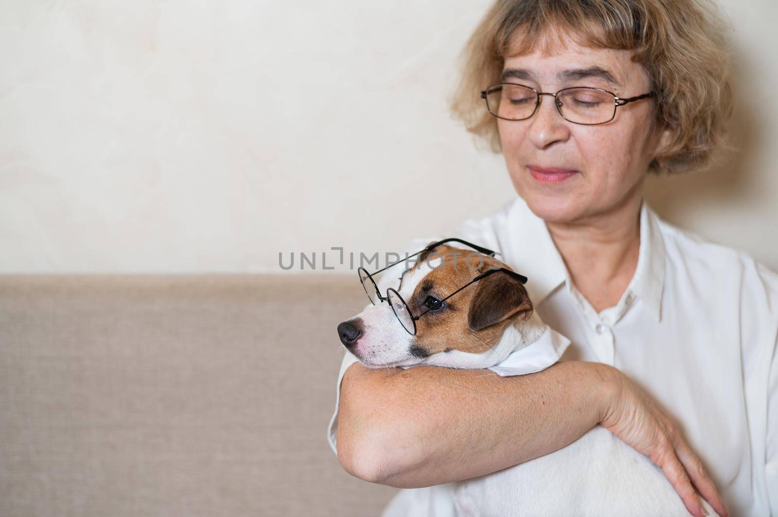 An elderly caucasian woman is holding a smart dog Jack Russell Terrier wearing glasses and a tie.