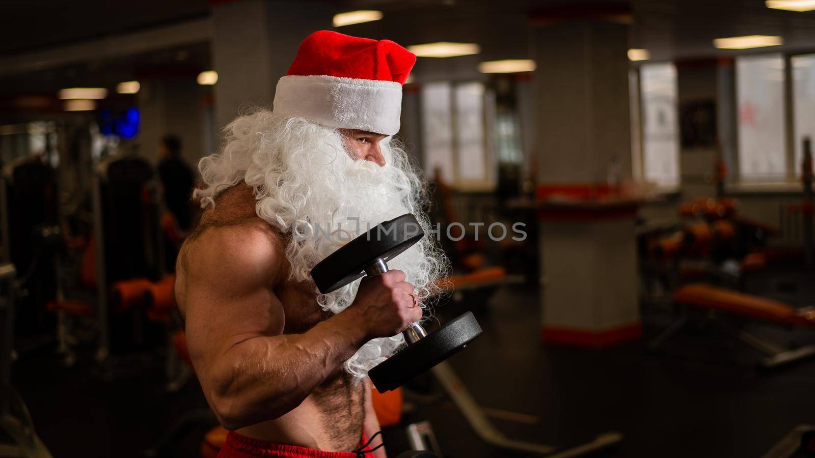 Santa claus in the gym. Muscular man with a naked torso doing exercises with dumbbells