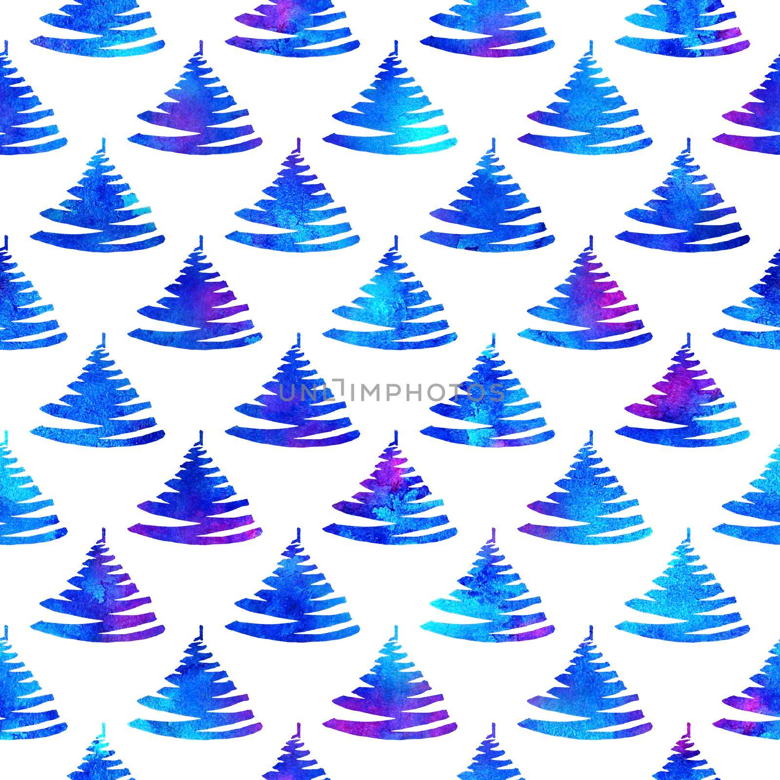 XMAS watercolour Fir Tree Seamless Pattern in Blue Color on white background. Hand-Painted Watercolor Spruce Pine tree wallpaper for Ornament, Wrapping or Christmas Decoration by DesignAB