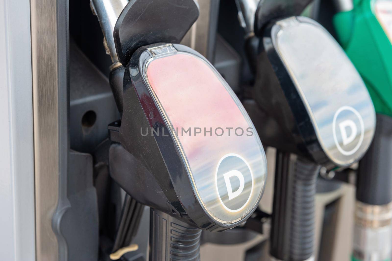 Fuel pumps on a petrol station in Europe. Gasoline.