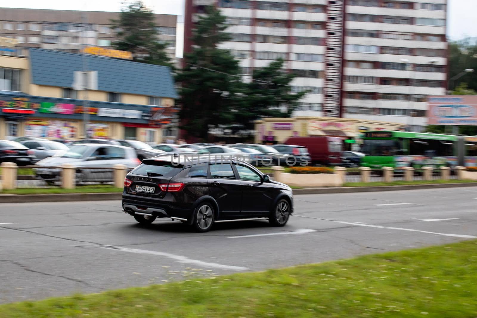 BELARUS, NOVOPOLOTSK - JULY 28, 2020: Car movement at speed, blur effect daytime