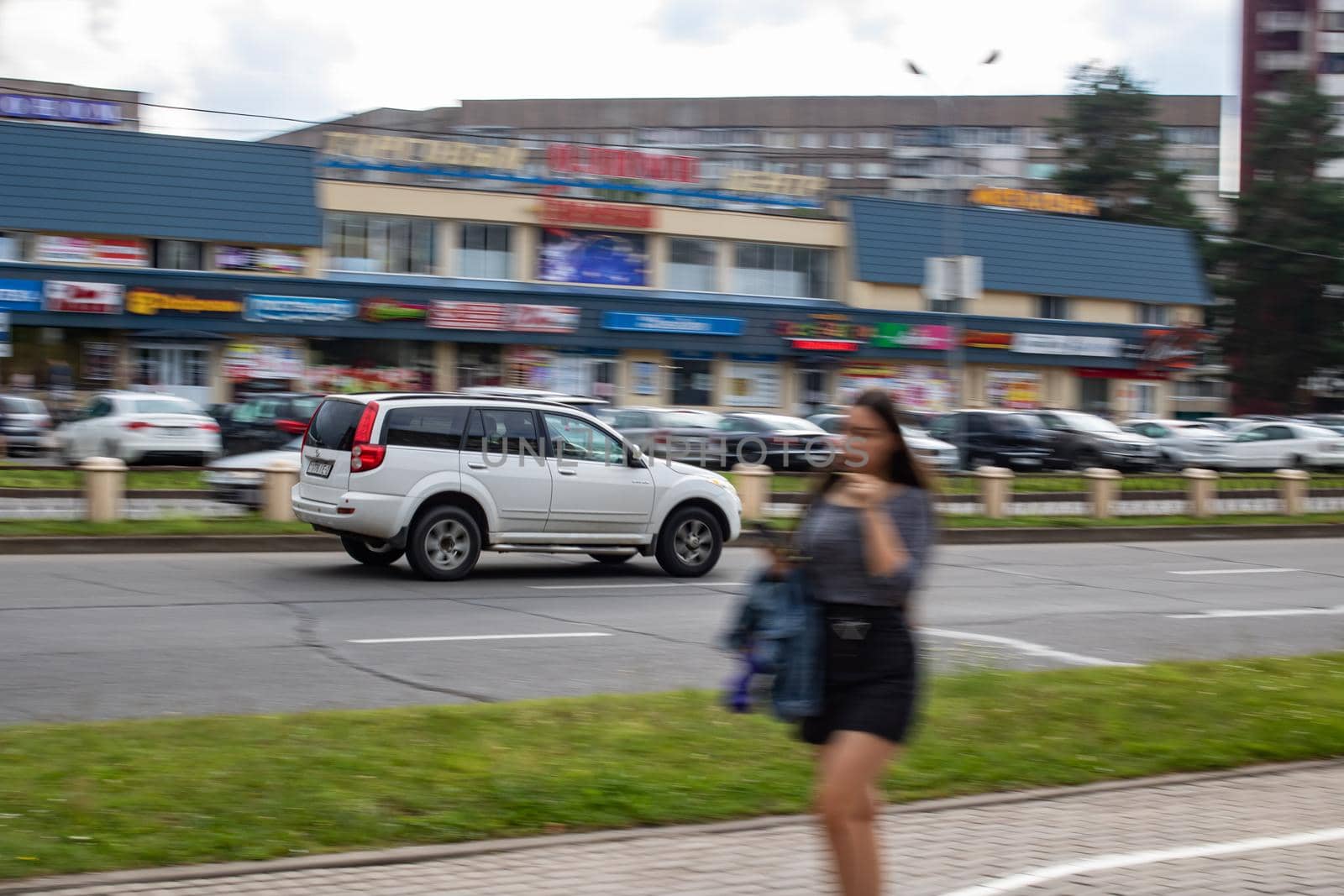 BELARUS, NOVOPOLOTSK - JULY 28, 2020: Car movement at speed, blur effect daytime